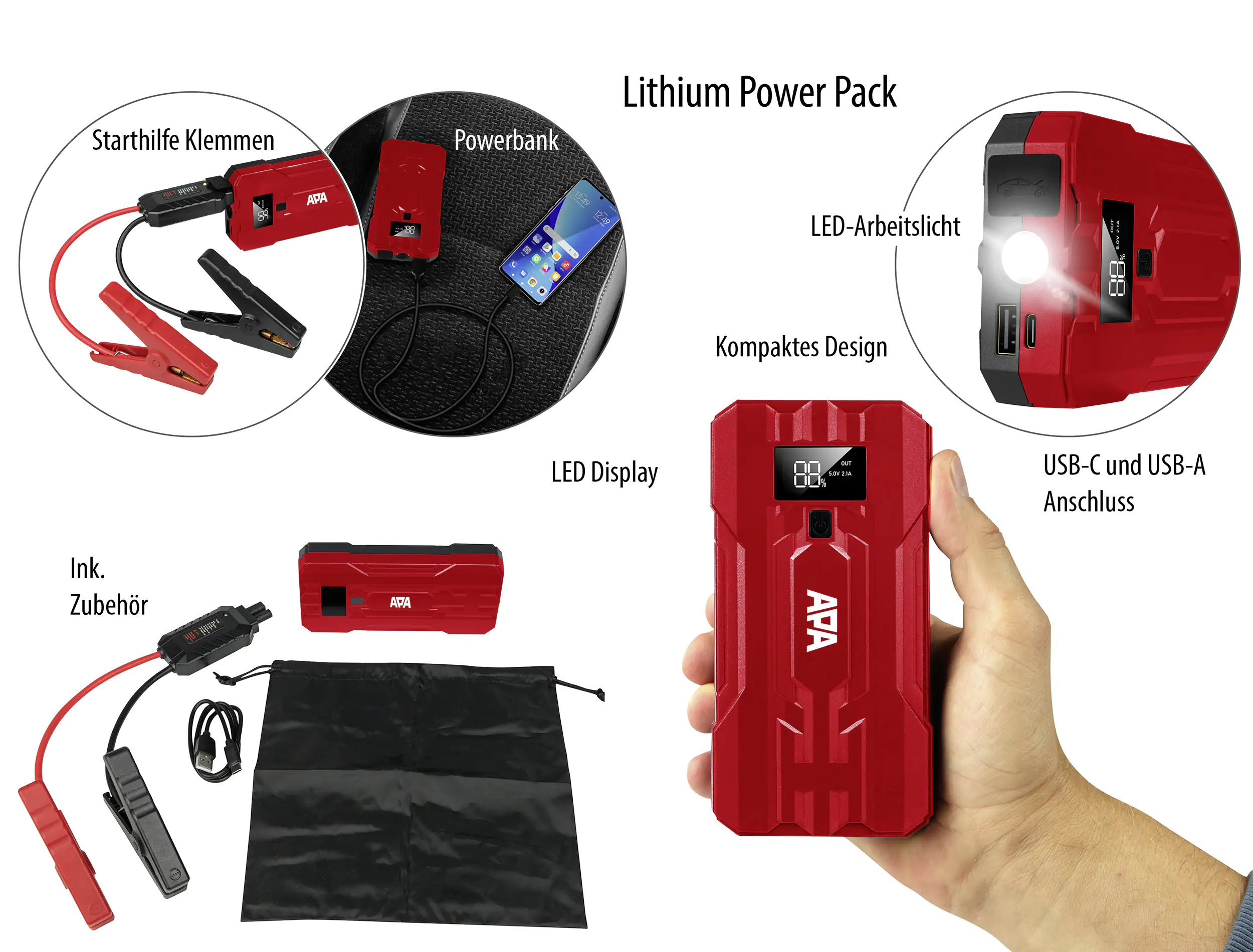 APA Lithium Powerbank10000 mAh mit Starthilfe