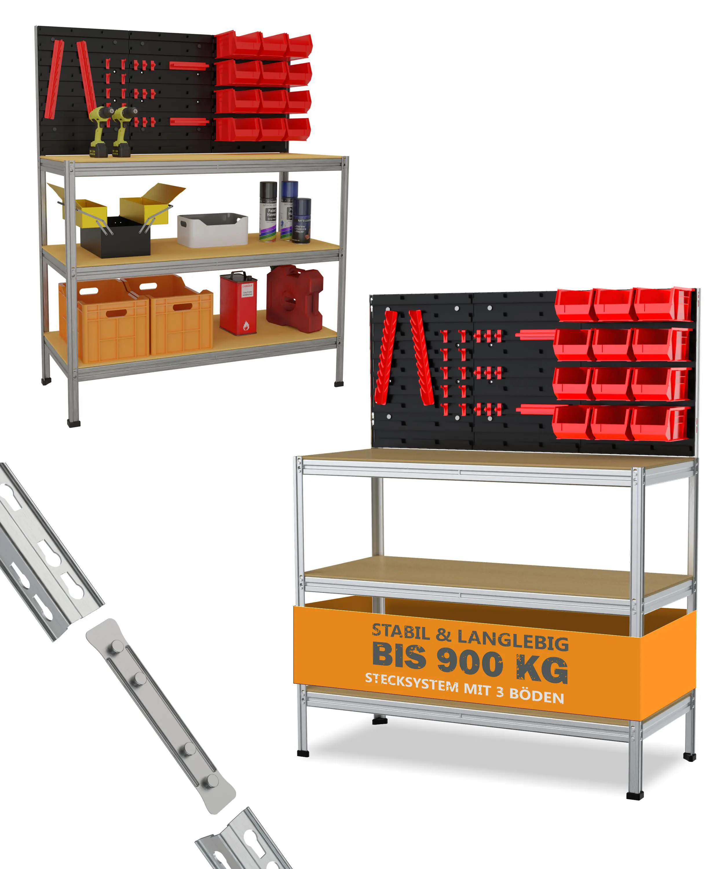 Werkstattregal inkl. Werkzeugwand & Kästen Stahl 132 x 104 cm 3 Holzböden 900 kg