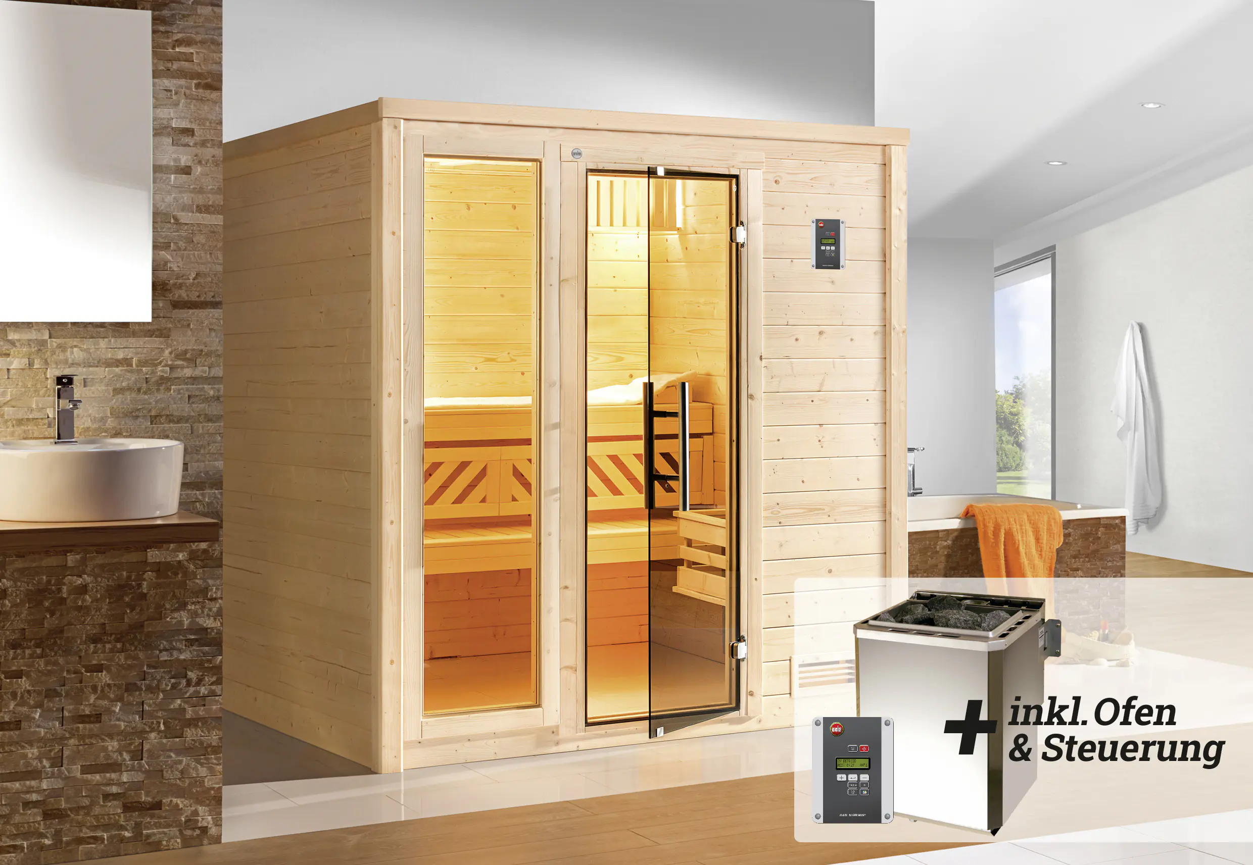 Weka Premium Massivholz-Sauna Bergen Gr. 1 Sparset 7,5 kW BioS Weka Premium Massivholz-Sauna Bergen Gr. 1 Sparset 7,5 kW BioS