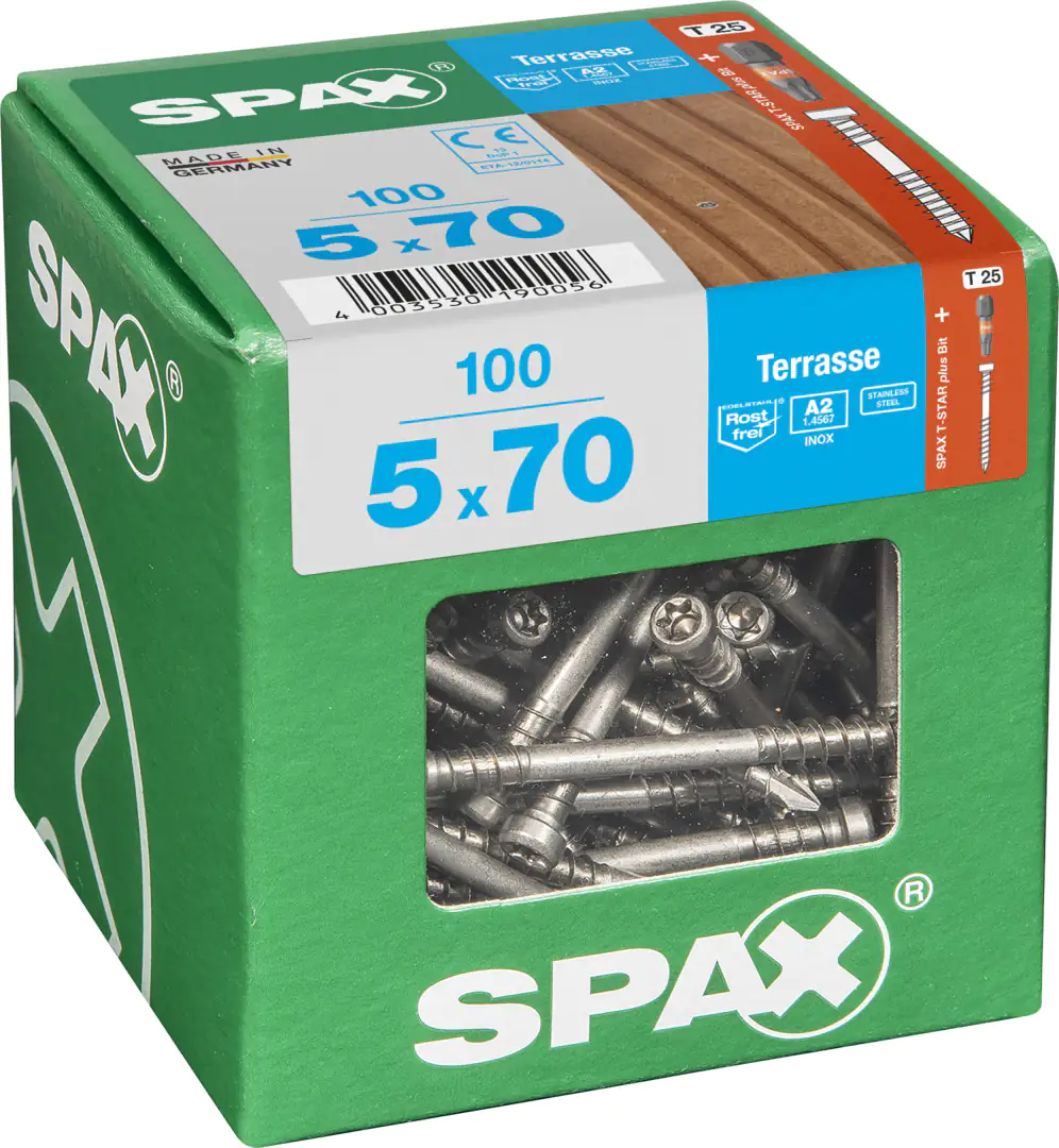 Spax Terrassenschrauben 5.0 x 70 mm TX 25 - 100 Stk. Spax Terrassenschrauben 5.0 x 70 mm TX 25 - 100 Stk.