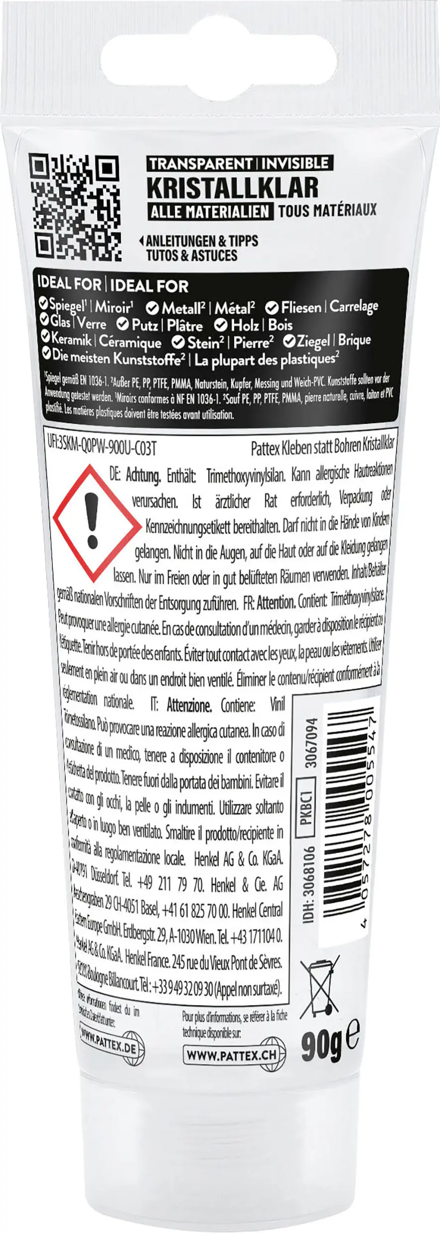 Pattex Montagekleber Kleben statt Bohren Kristallklar 90 g Tube, transparent