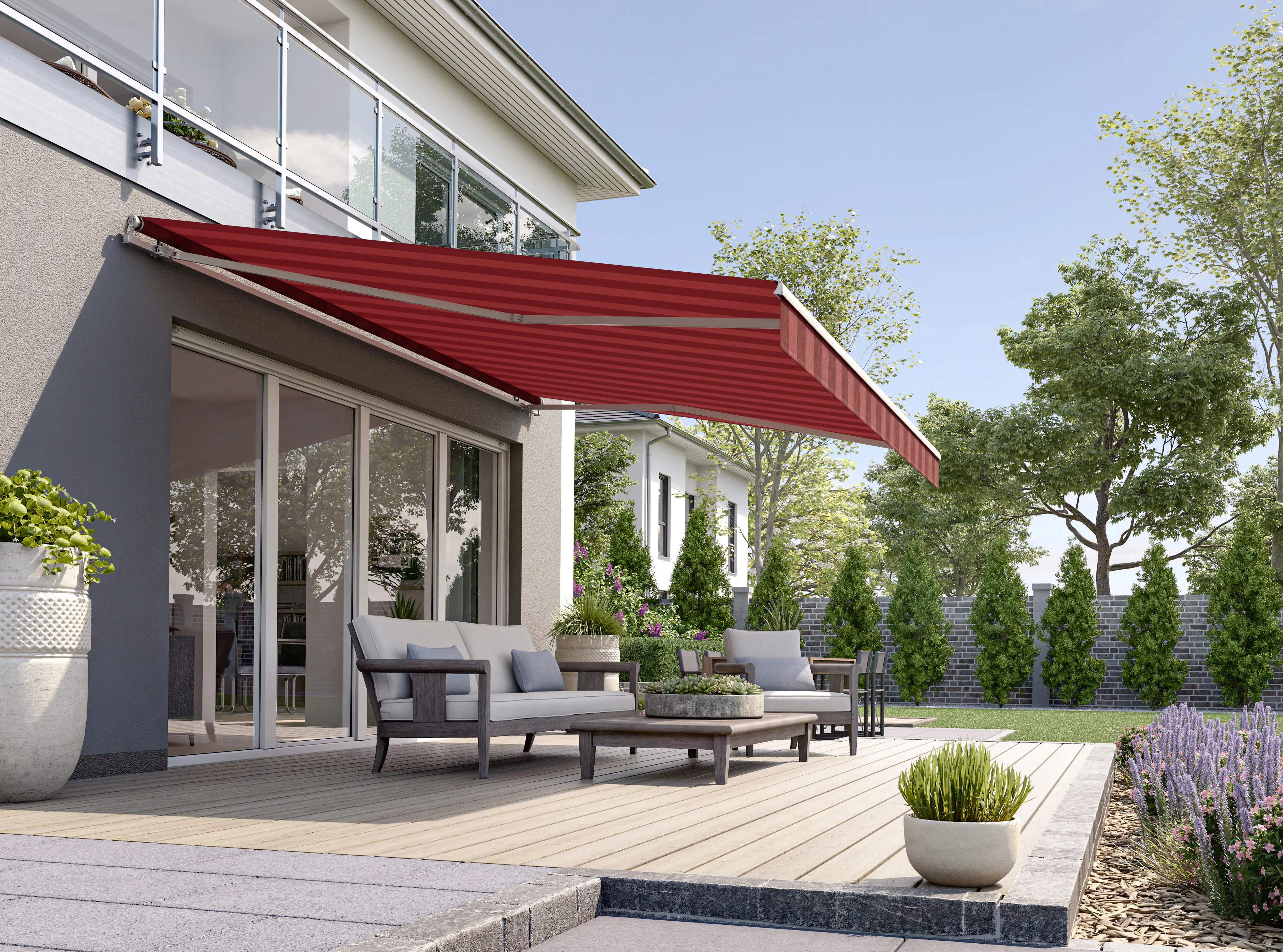 Gelenkarmmarkise Classic bordeaux gestreift inkl. Motor, Handsender, Solar Panel