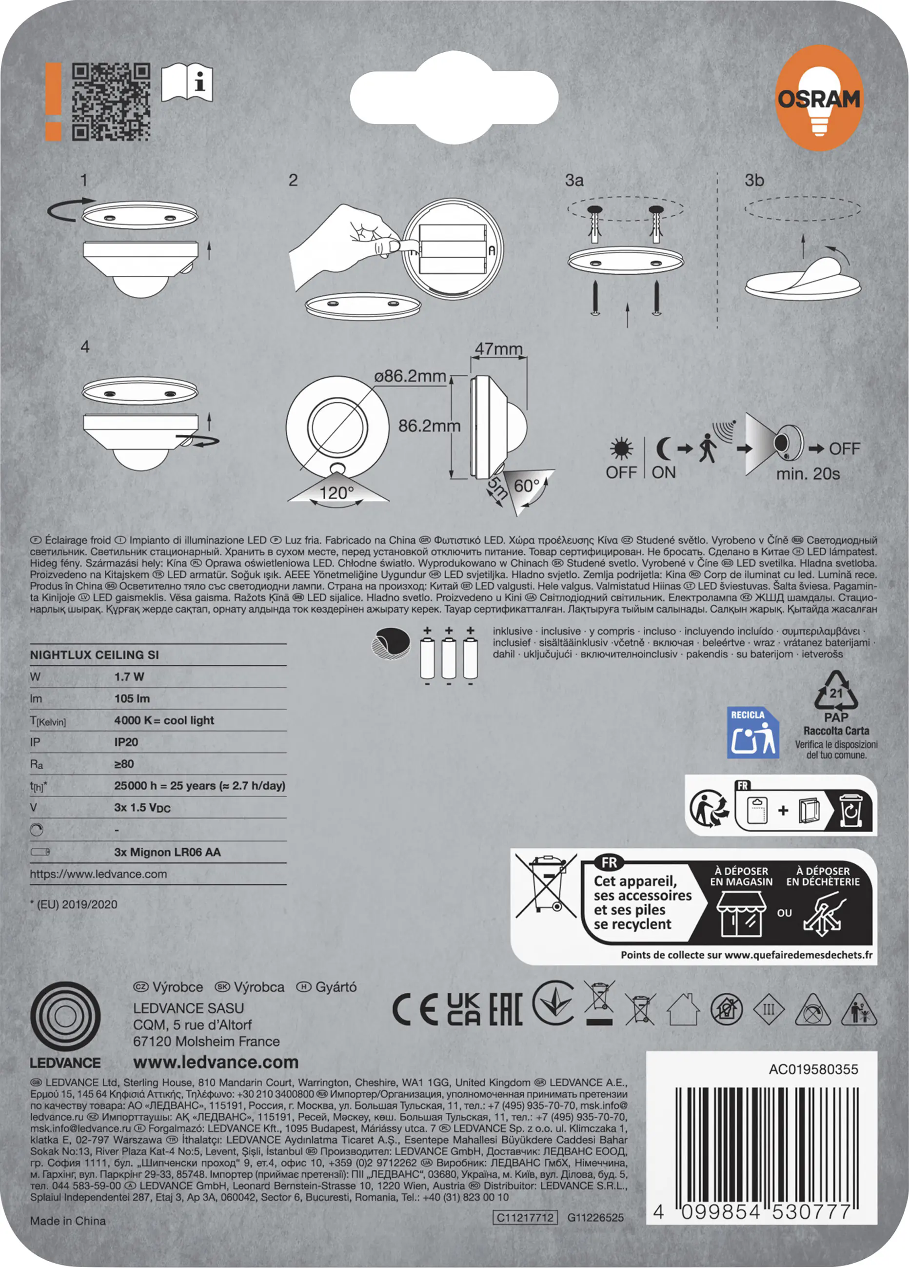 Osram LED-Nachtlicht Nightlux Ceiling mit Licht- & Bewegungssensor 8,6 cm kaltweiß silber