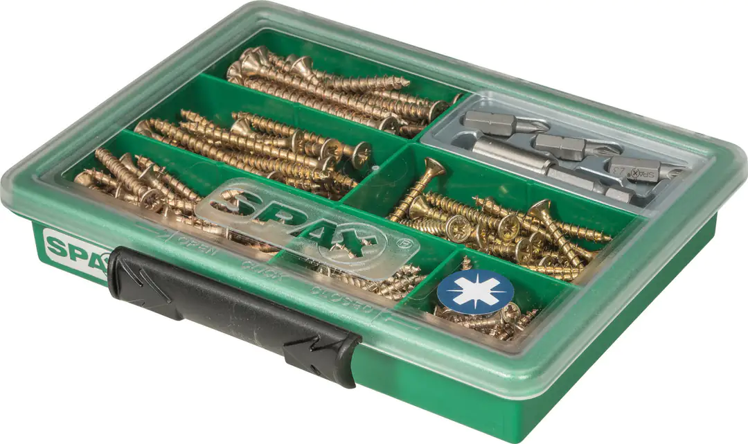 Spax Sortimentskasten Senkkopf Stahl PZ inkl. Bits - 199 Stk. Spax Sortimentskasten Senkkopf Stahl PZ inkl. Bits - 199 Stk.