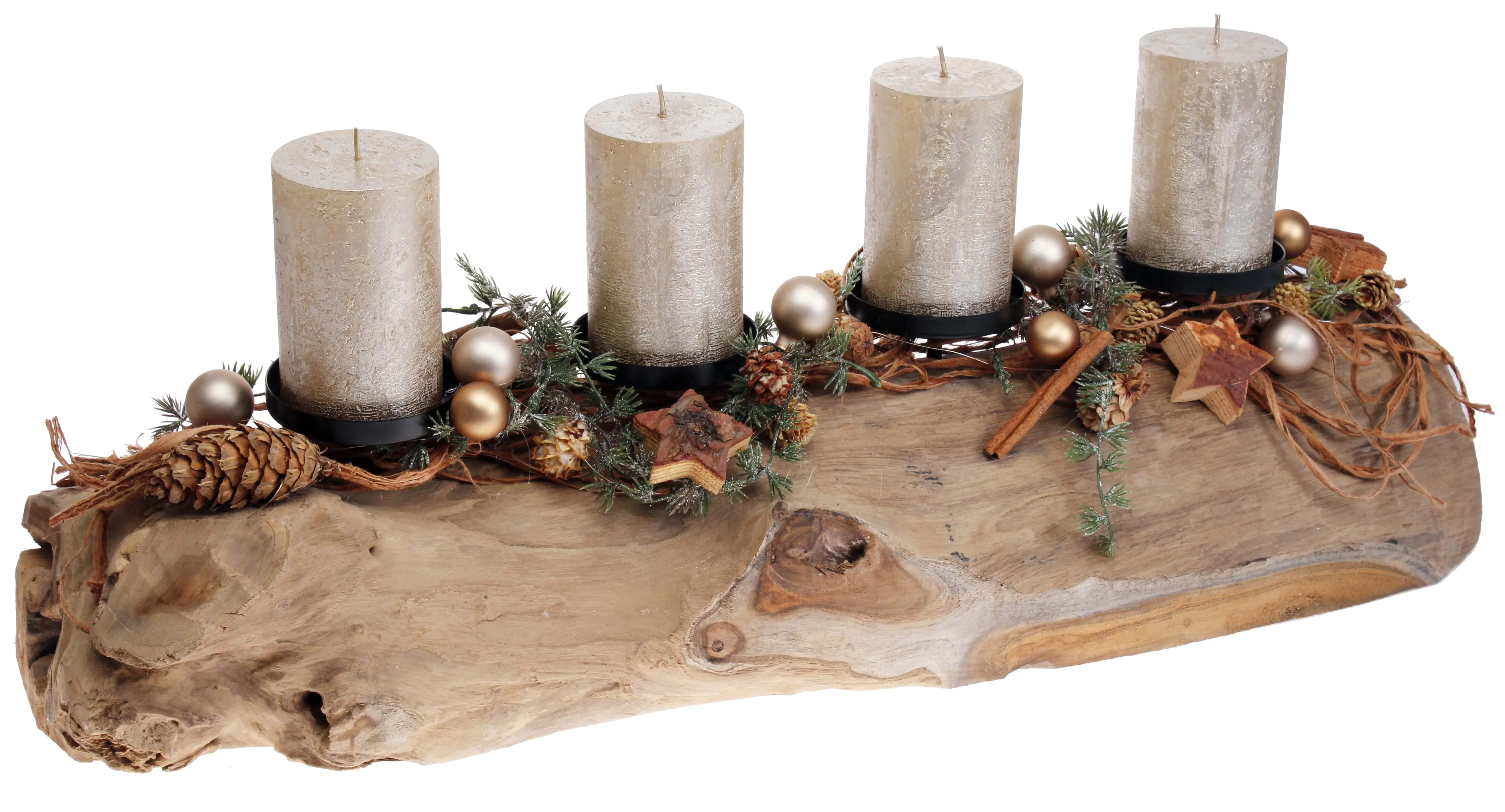 Adventsgesteck Teak-Kerzenhalter mit 4 Rustik-Kerzen 28 x 20 x 70 cm gold
