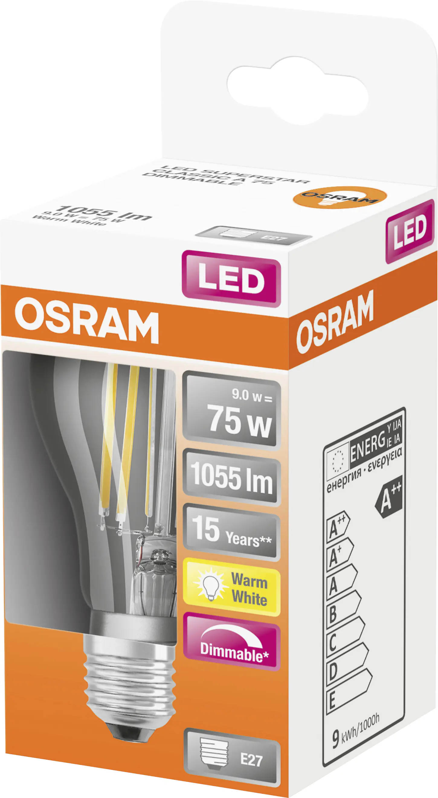 Osram LED Leuchtmittel Superstar Classic A E27 7,5 W warmweiß, dimmbar, klar