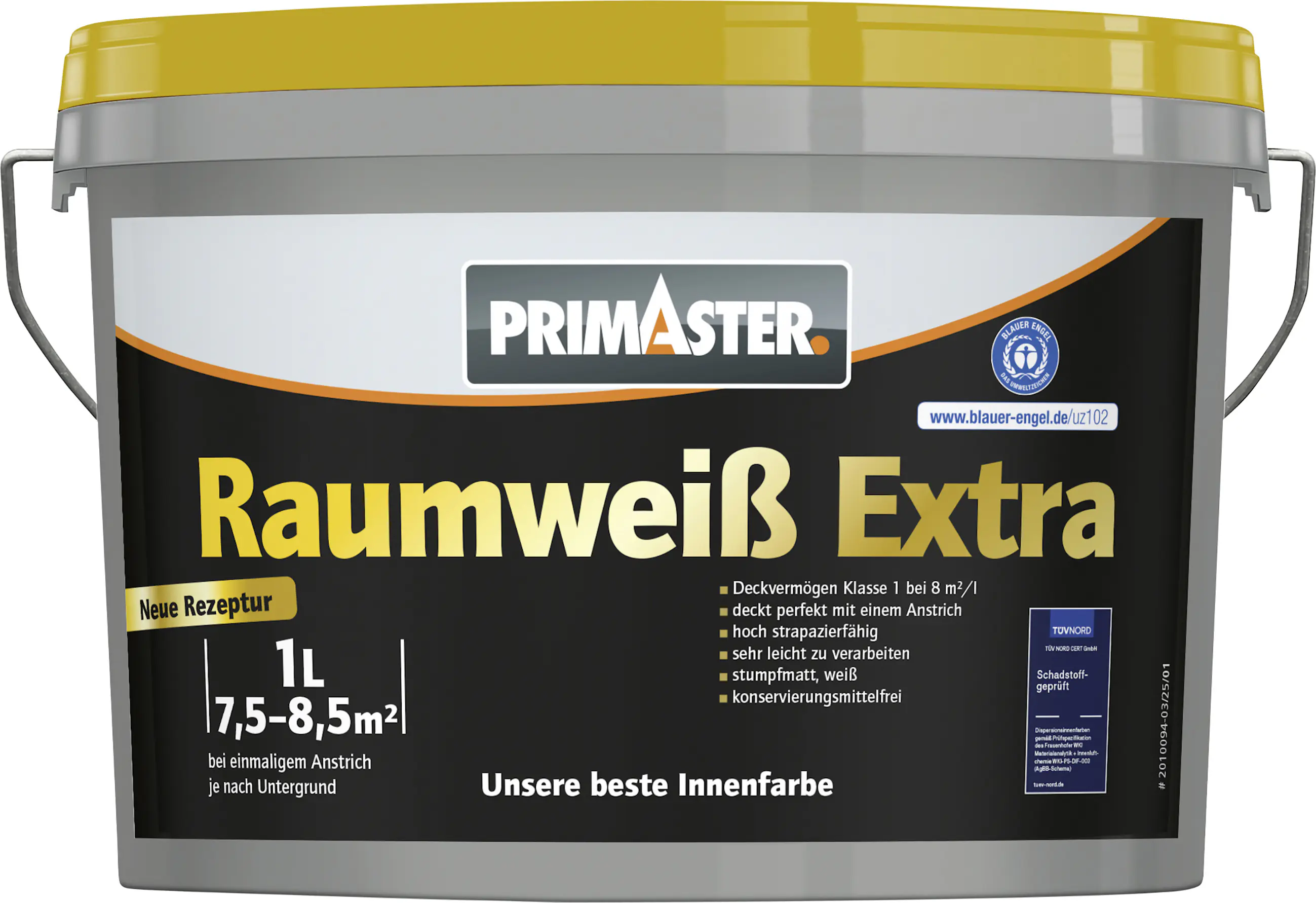 Primaster Raumweiß Extra Wandfarbe matt weiß konservierungsmittelfrei 1 L