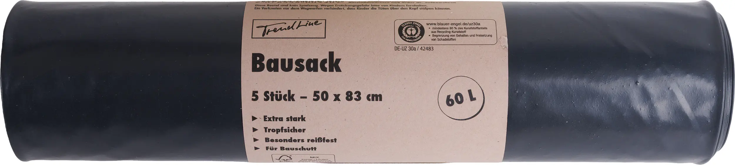 Trendline Bausack 60 L, 150 mµ, schwarz, 5 Stück