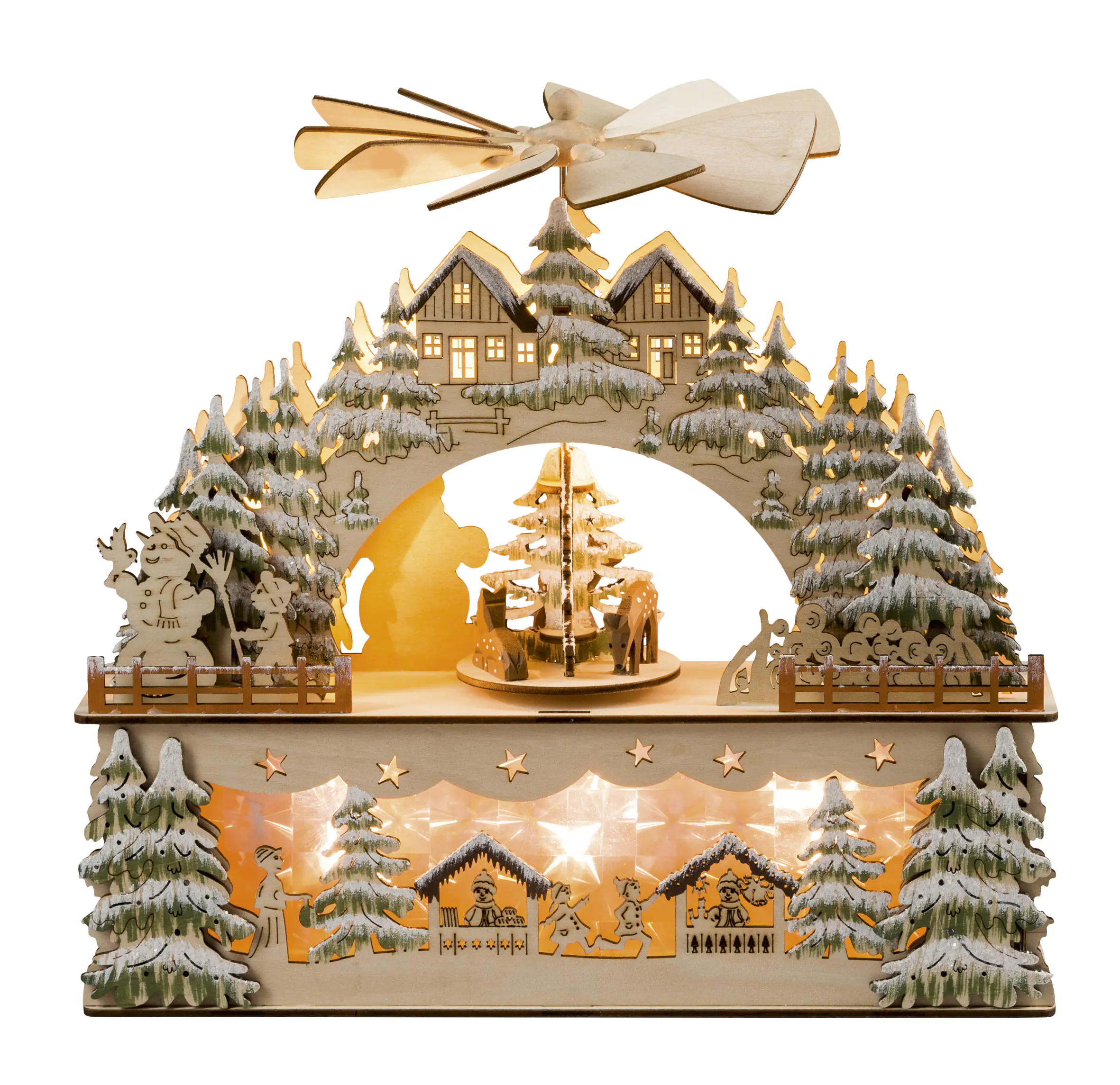 HGD LED-Schwibbogen Winterlandschaft mit beweglicher Pyramide & Timer 8-flammig 30 x 28 cm warmweiß natur