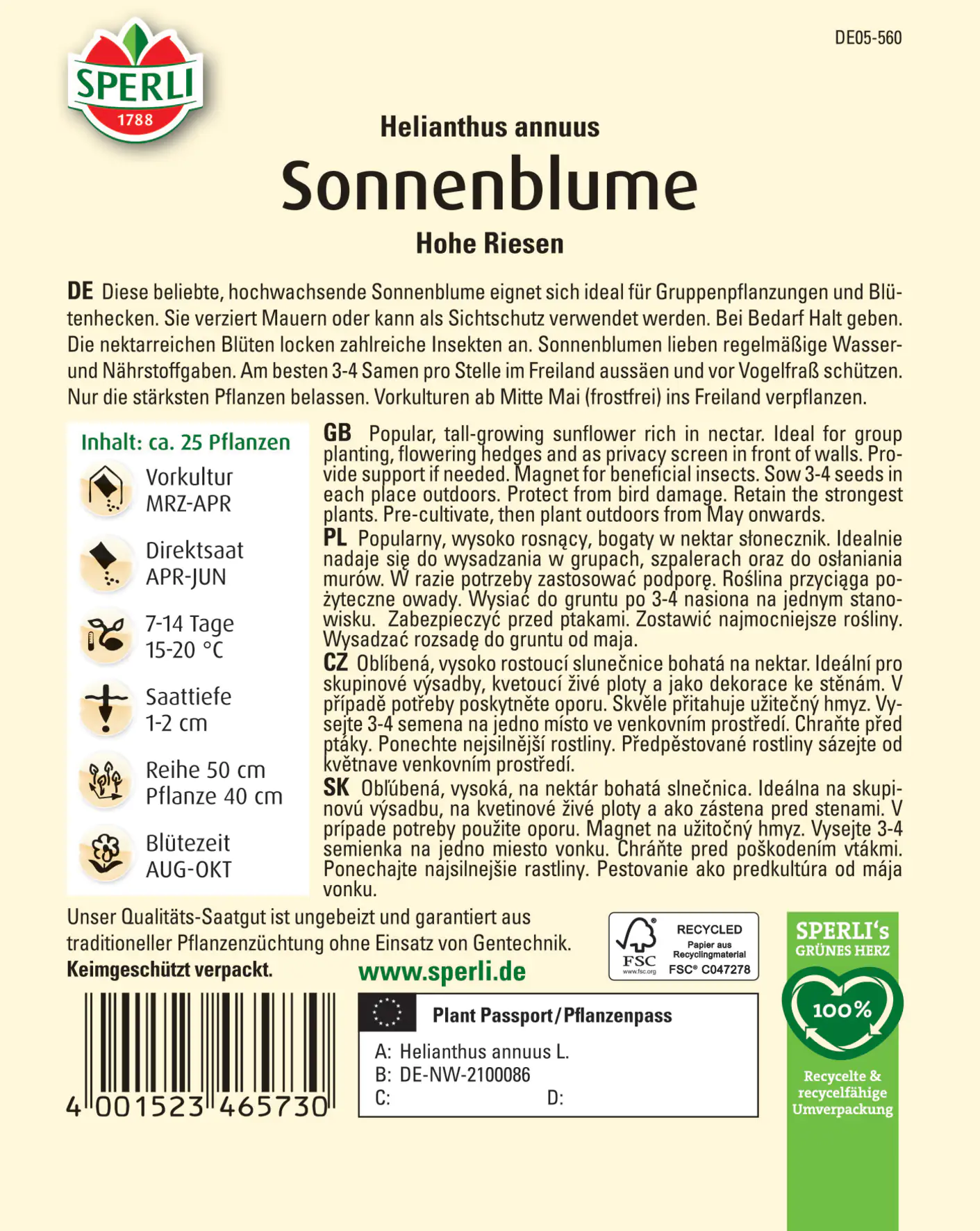 Sperli Sonnenblume Hohe Riesen