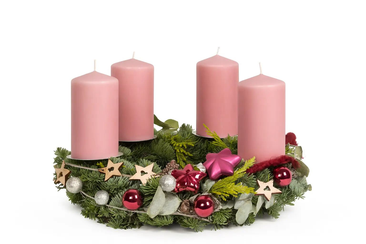 Adventskranz mit 4 Kerzen Ø 25 cm Eukalypthus rosa