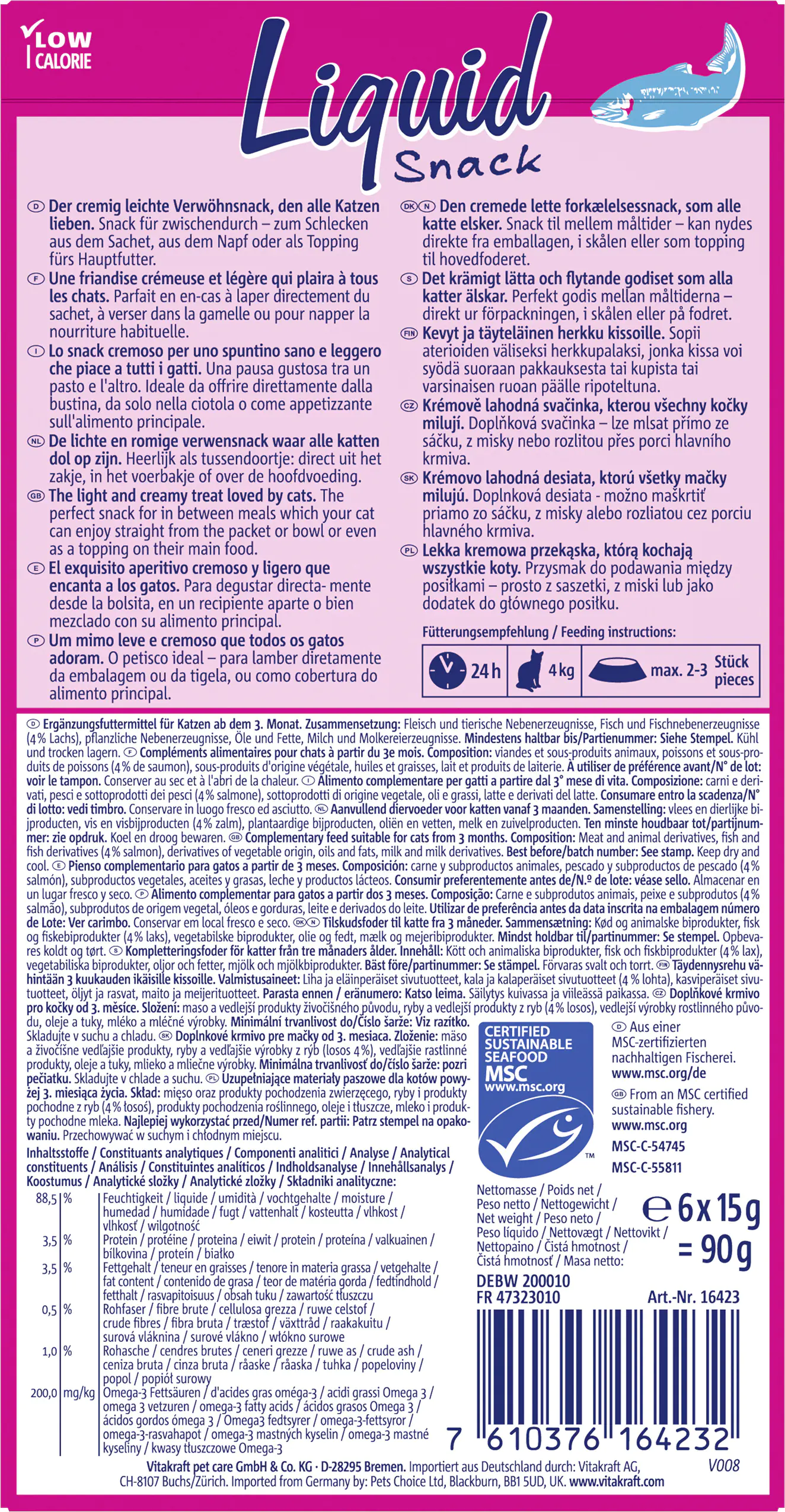 Vitakraft LiquidSnack Lachs MSC+Omega3 6 Stück / 90 g Vitakraft LiquidSnack Lachs MSC+Omega3 6 Stück / 90 g