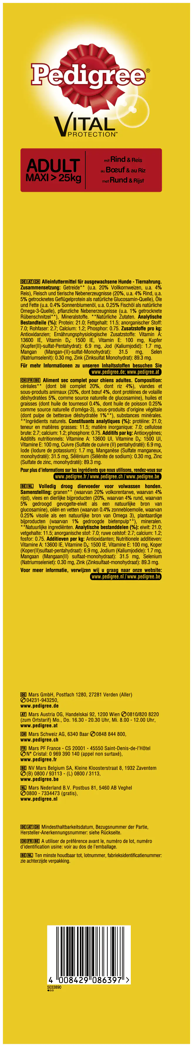 Pedigree Hundetrockenfutter Adult Maxi 15 kg Rind & Reis 