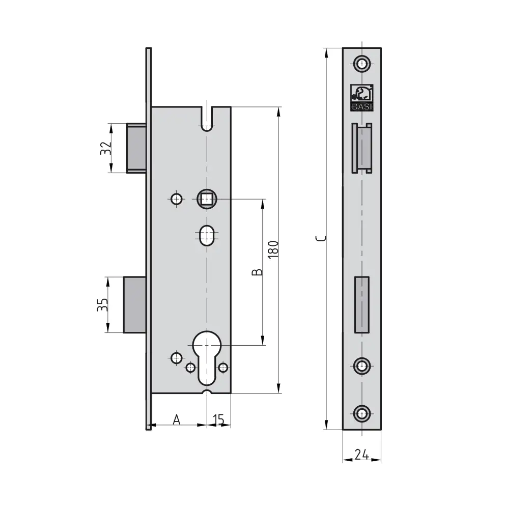 Basi Rohrrahmenschloss Dornmaß 35 mm PZ, DIN links/rechts, 24 mm