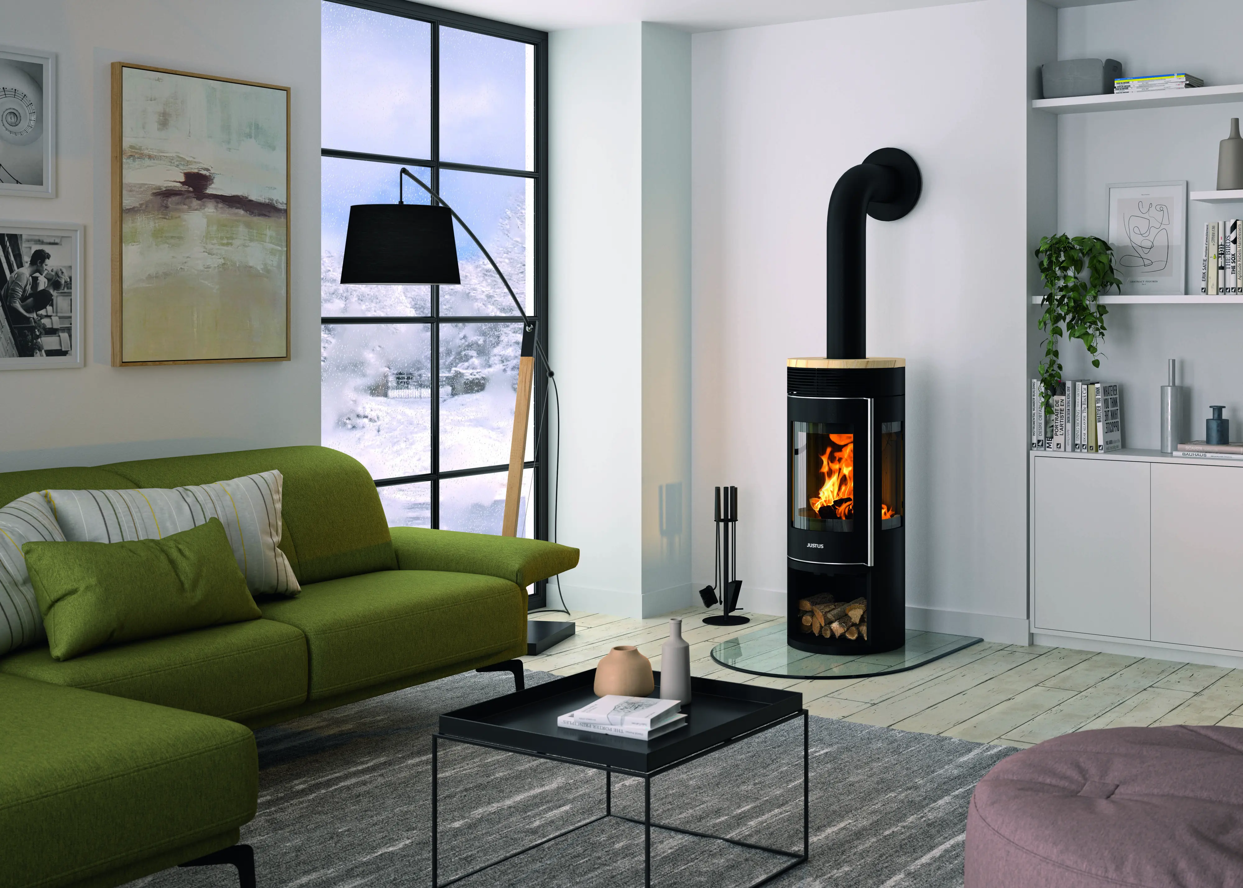 Justus Kaminofen Mino Trios 2.0 Stahl schwarz mit Abdeckplatte Sandstein 5,5 kW