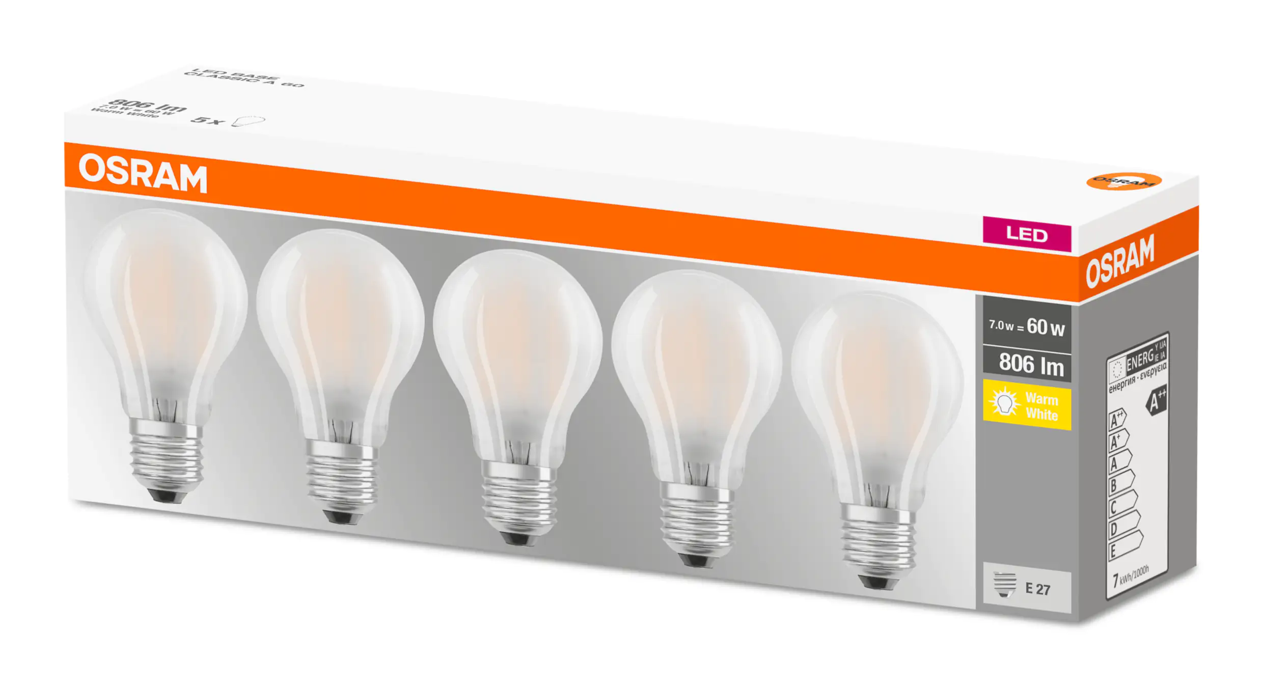 Osram LED Leuchtmittel Classic 5er-Pack E27, 7W, warmweiß, weiß matt