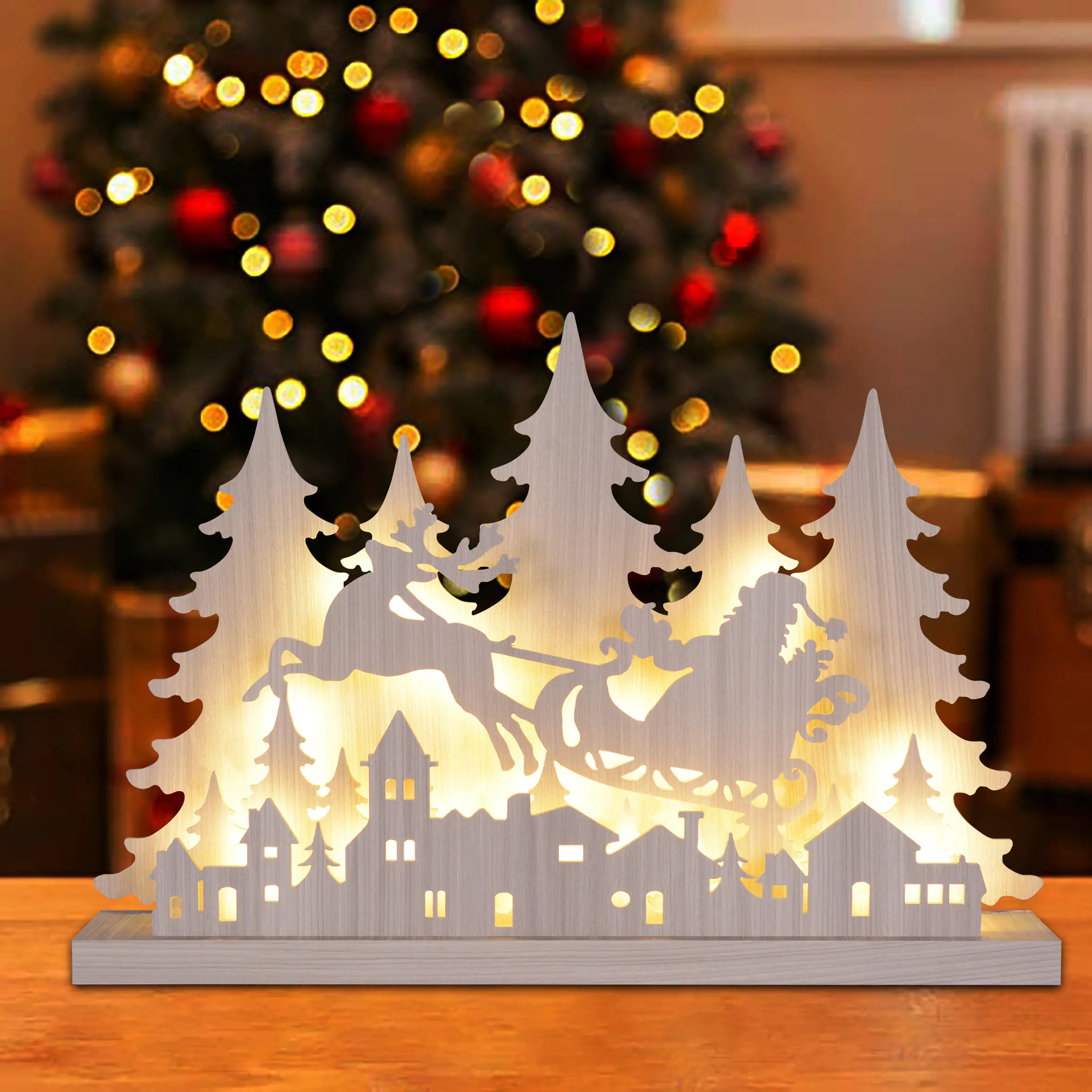 TrendLine LED Holzsilhouette Schlitten 60 x 41 cm warmweiß mit Timer