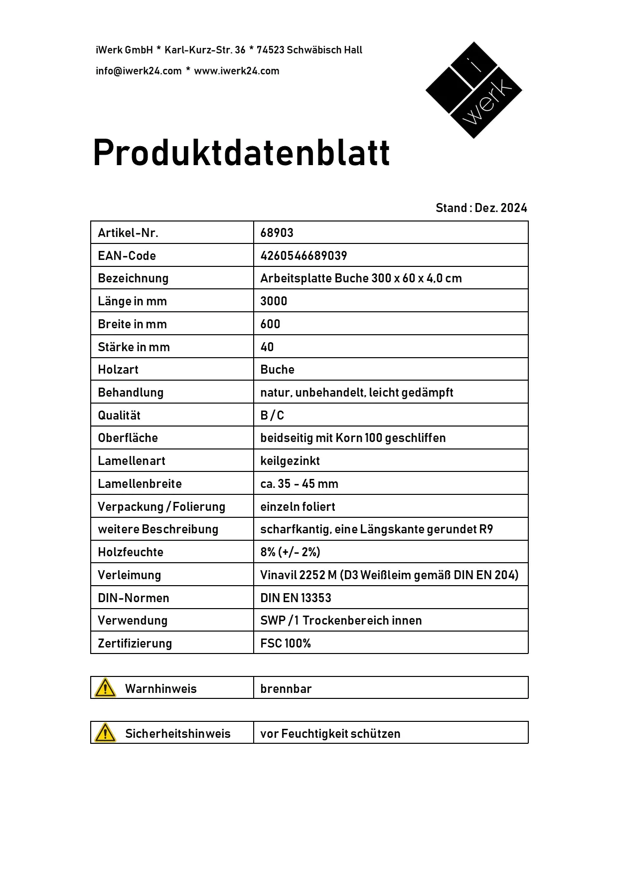 Arbeitsplatte Buche massiv 300 x 60 x 4 cm geschliffen