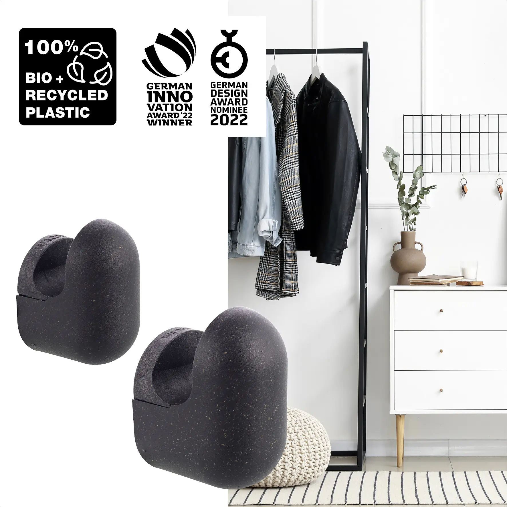 Wagner Wandhaken-Set hooks4home Pill Tragkraft bis 2 kg Bio Kunststoff schwarz 2 Größen 4 Stück