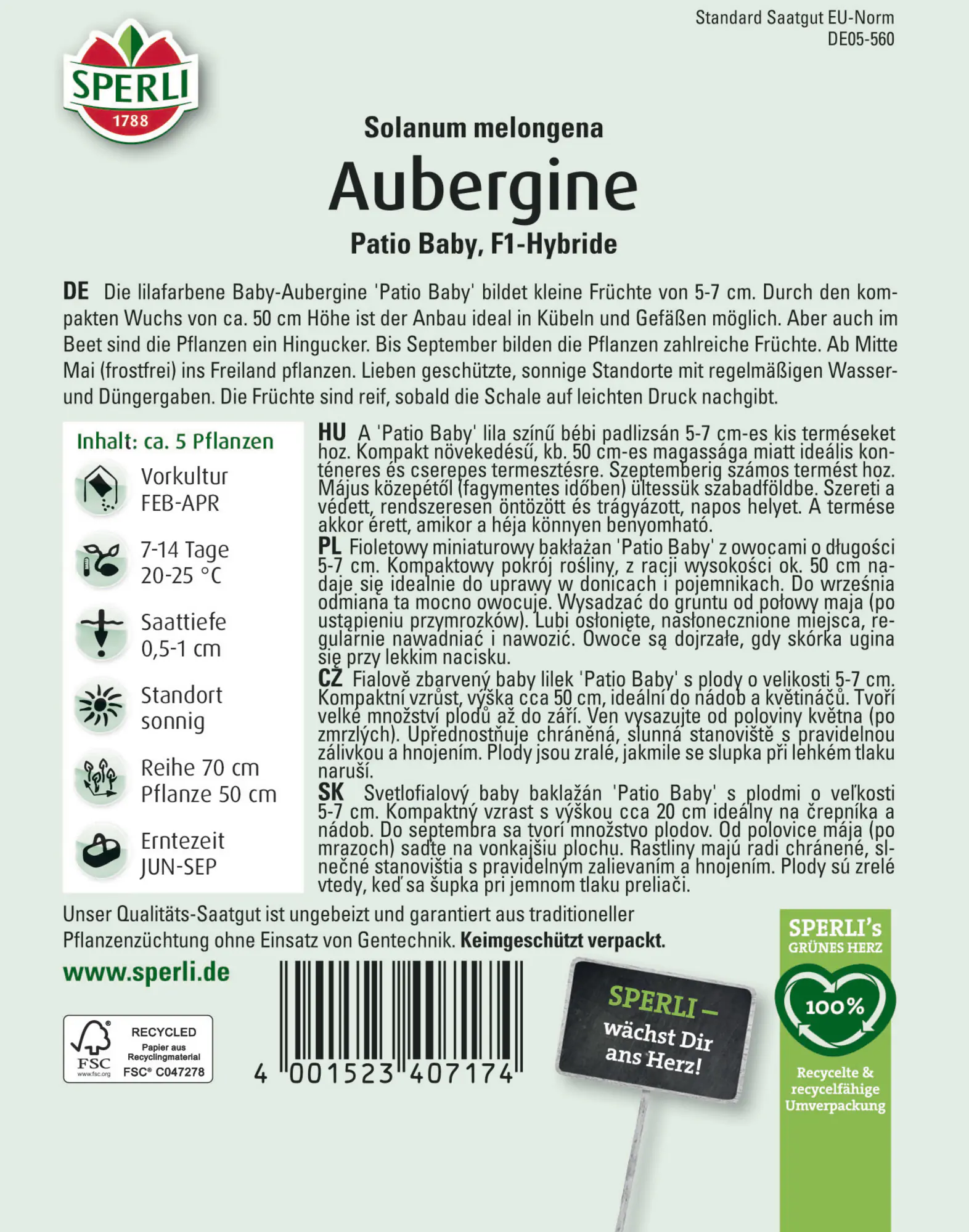 Sperli Saatgut Aubergine Patio Baby F1 für ca. 4 Pflanzen