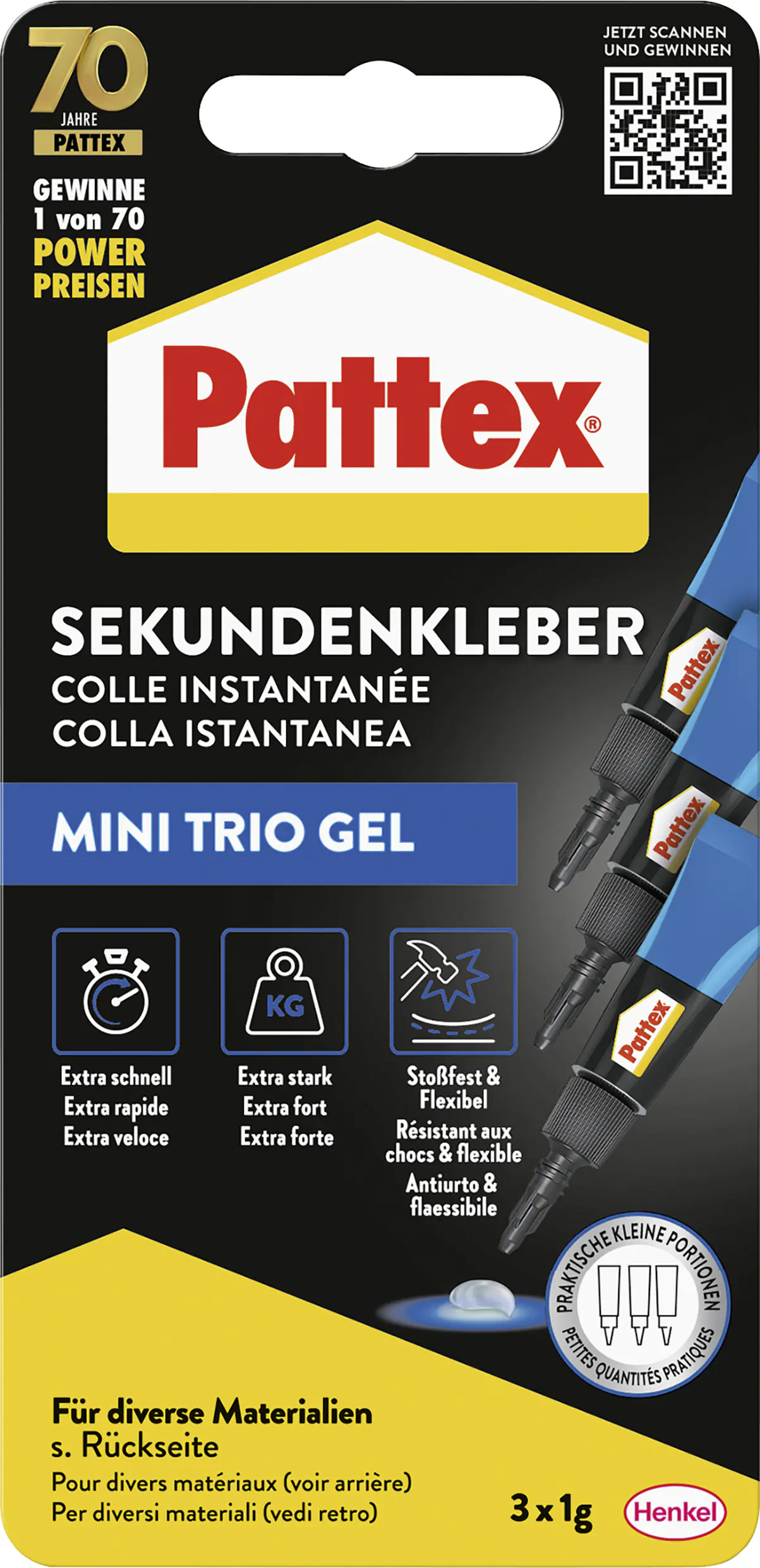 Pattex Sekundenkleber Ultra Gel Mini Trio 3 x 1 g Tube, farblos