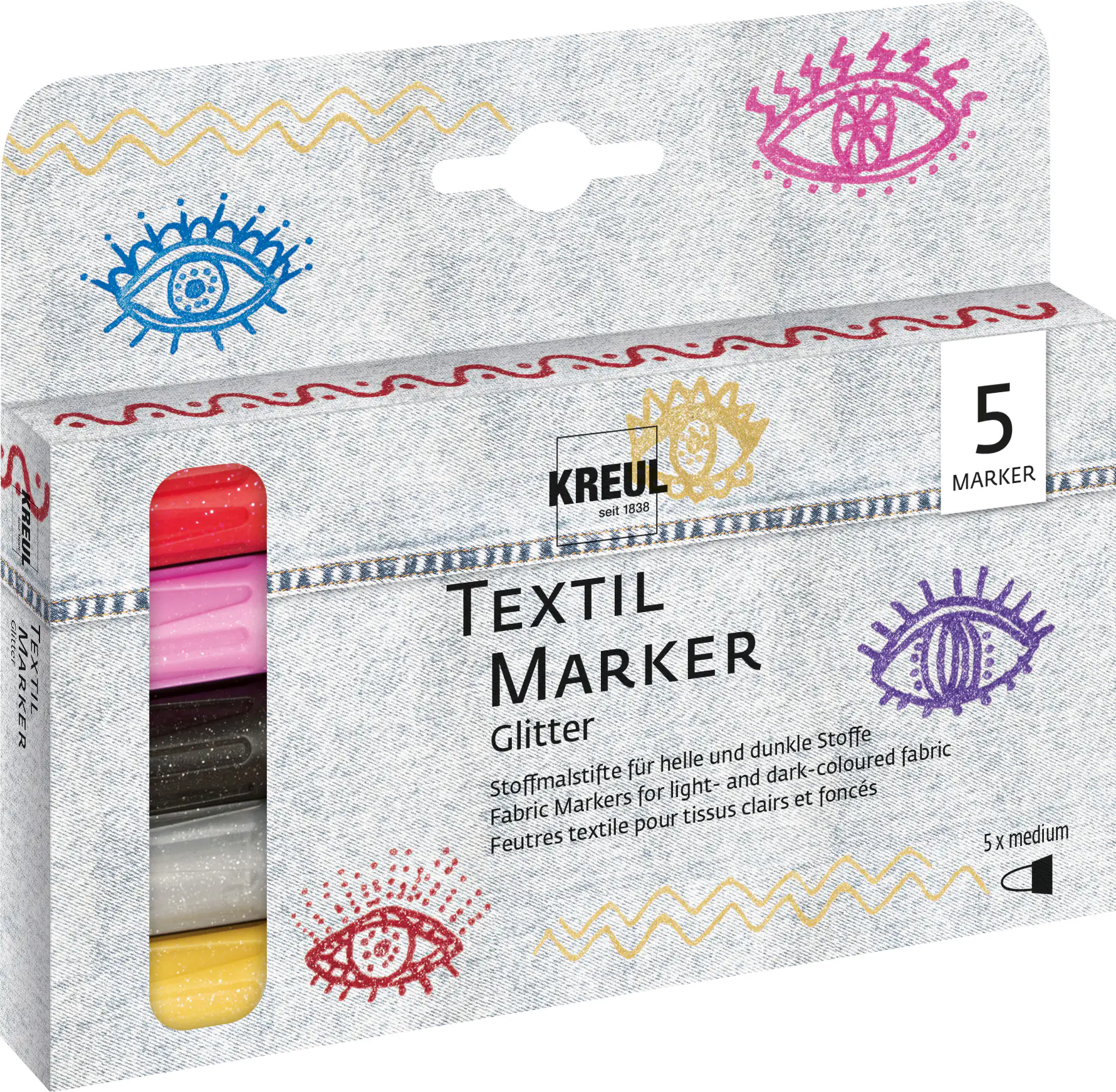 Kreul Textil Marker Glitter medium 5er Set Kreul Textil Marker Glitter medium 5er Set