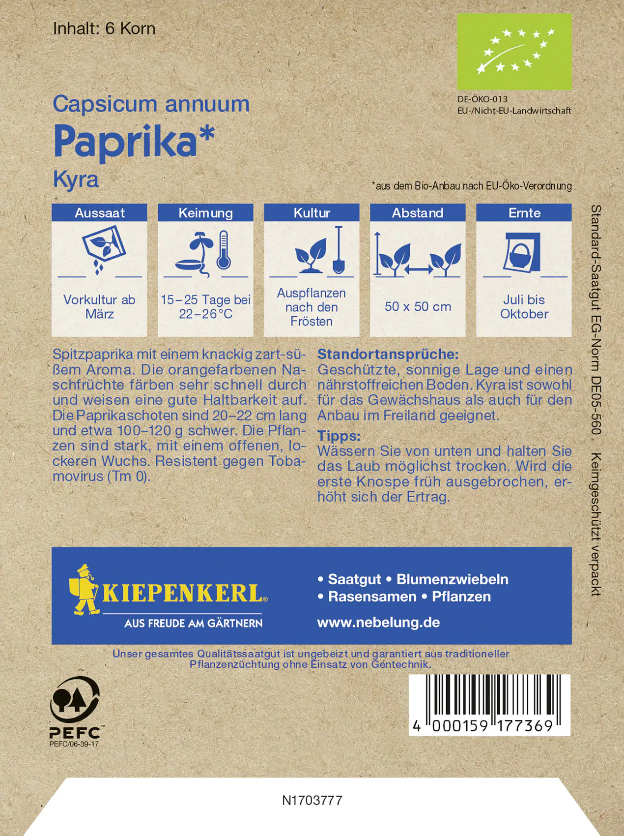 Kiepenkerl BIO Paprika Kyra Capsicum annuum, Inhalt: 6 Korn Kiepenkerl BIO Paprika Kyra Capsicum annuum, Inhalt: 6 Korn