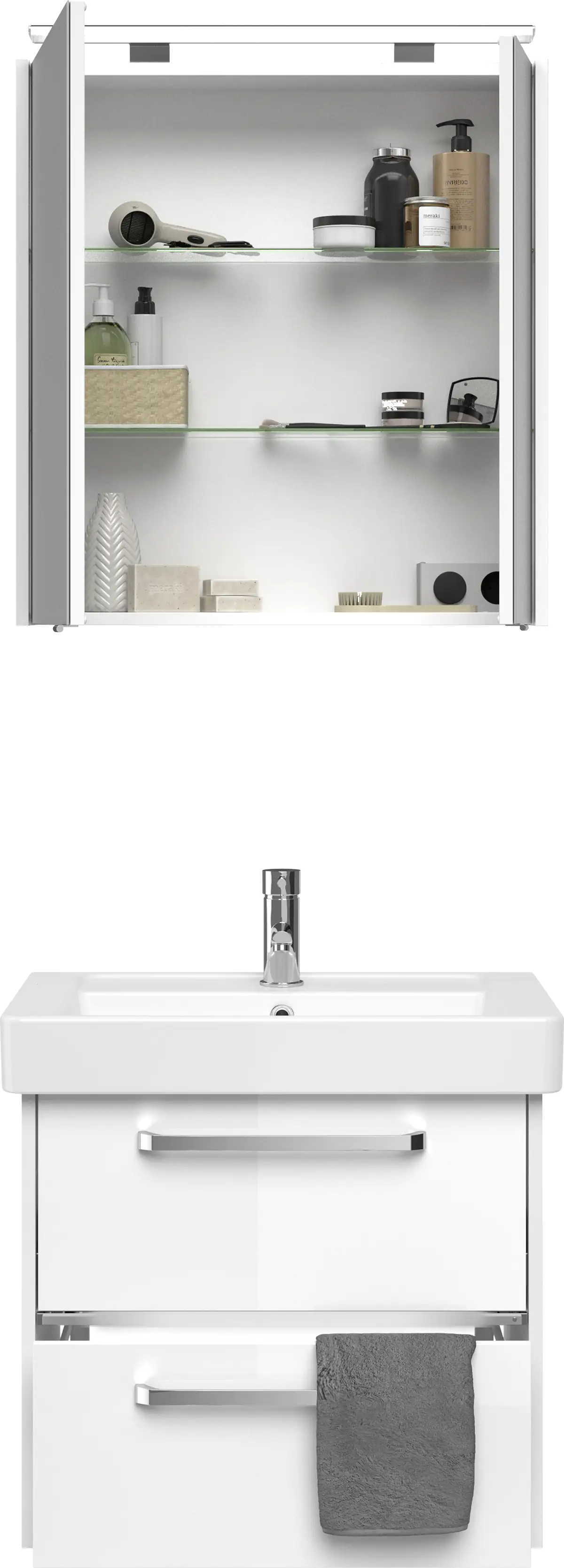 Primaster Badmöbel-Set Berlin weiß 65 cm LED-Leuchten Keramikwaschtisch