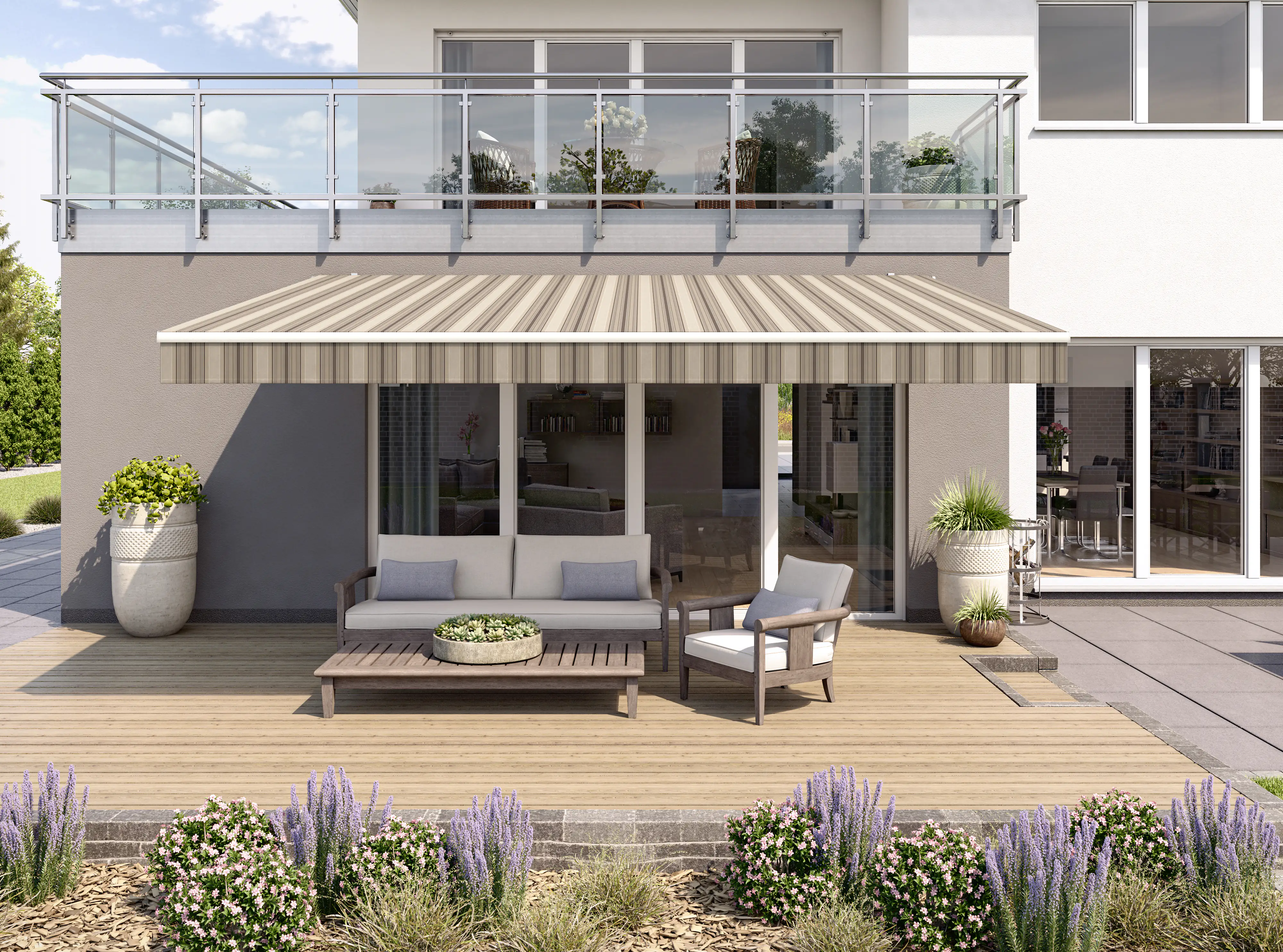 Gelenkarmmarkise Classic beige-braun gestreift inkl. Motor, Handsender, Solar Panel