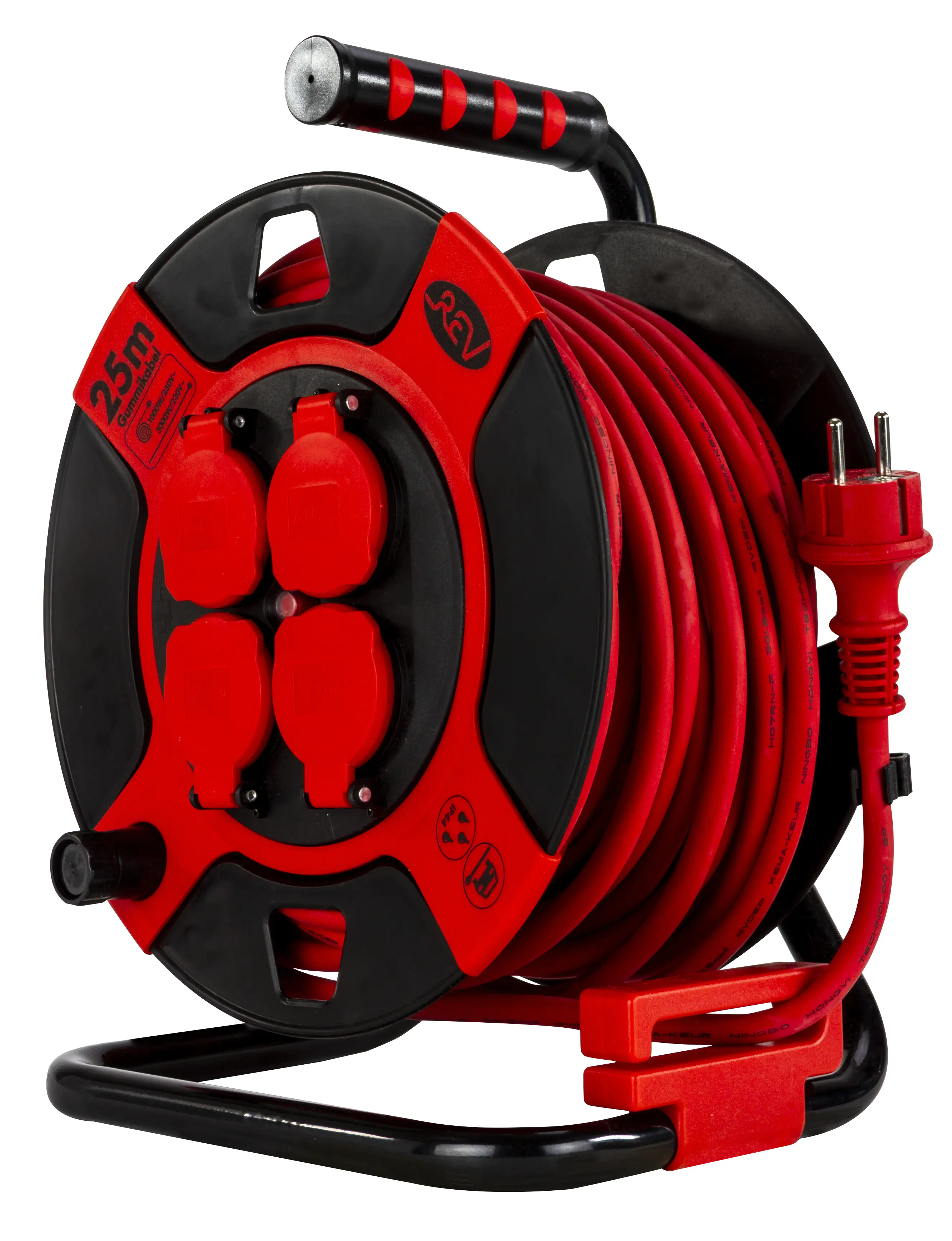 REV Kabeltrommel Außen 25m H07RN-F 3x1,5, rot, 4x Schutzkontaktstecker