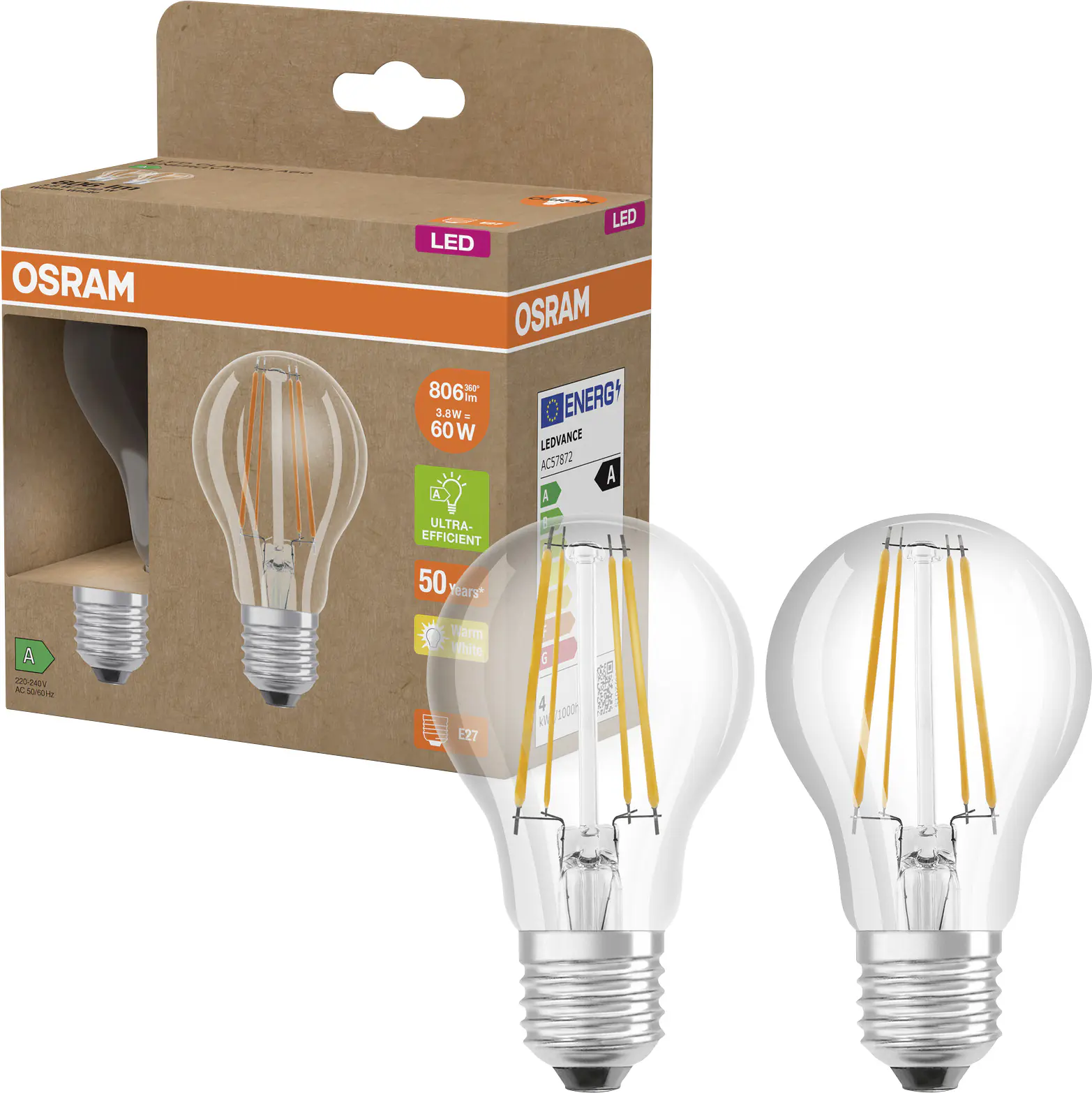Osram LED Leuchtmittel E27 2er Pack Classic 3,8W klar warmweiß Osram LED Leuchtmittel E27 2er Pack Classic 3,8W klar warmweiß