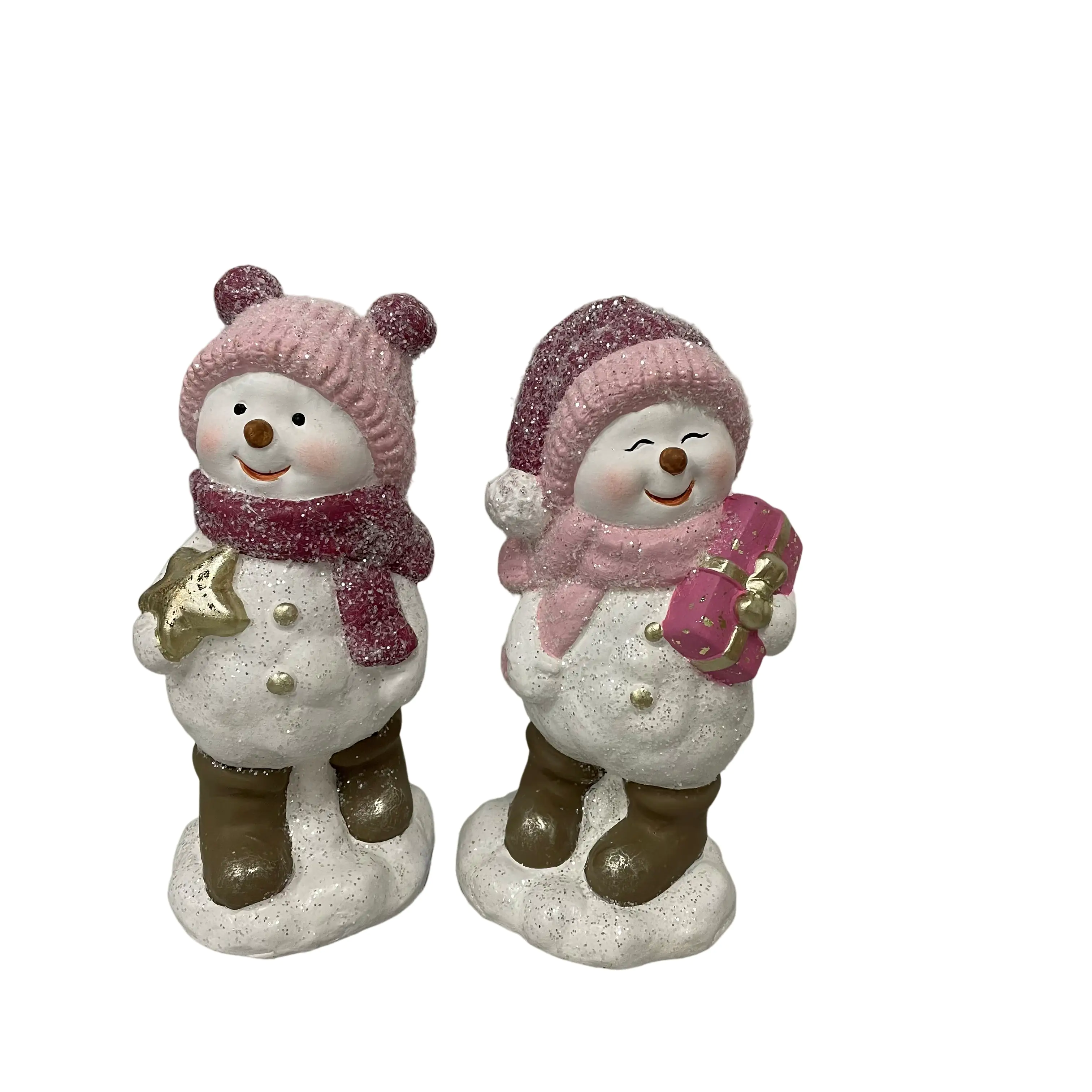 TrendLine Dekofigur Keramik Schneemann 23 x 16 cm weiß-rosa