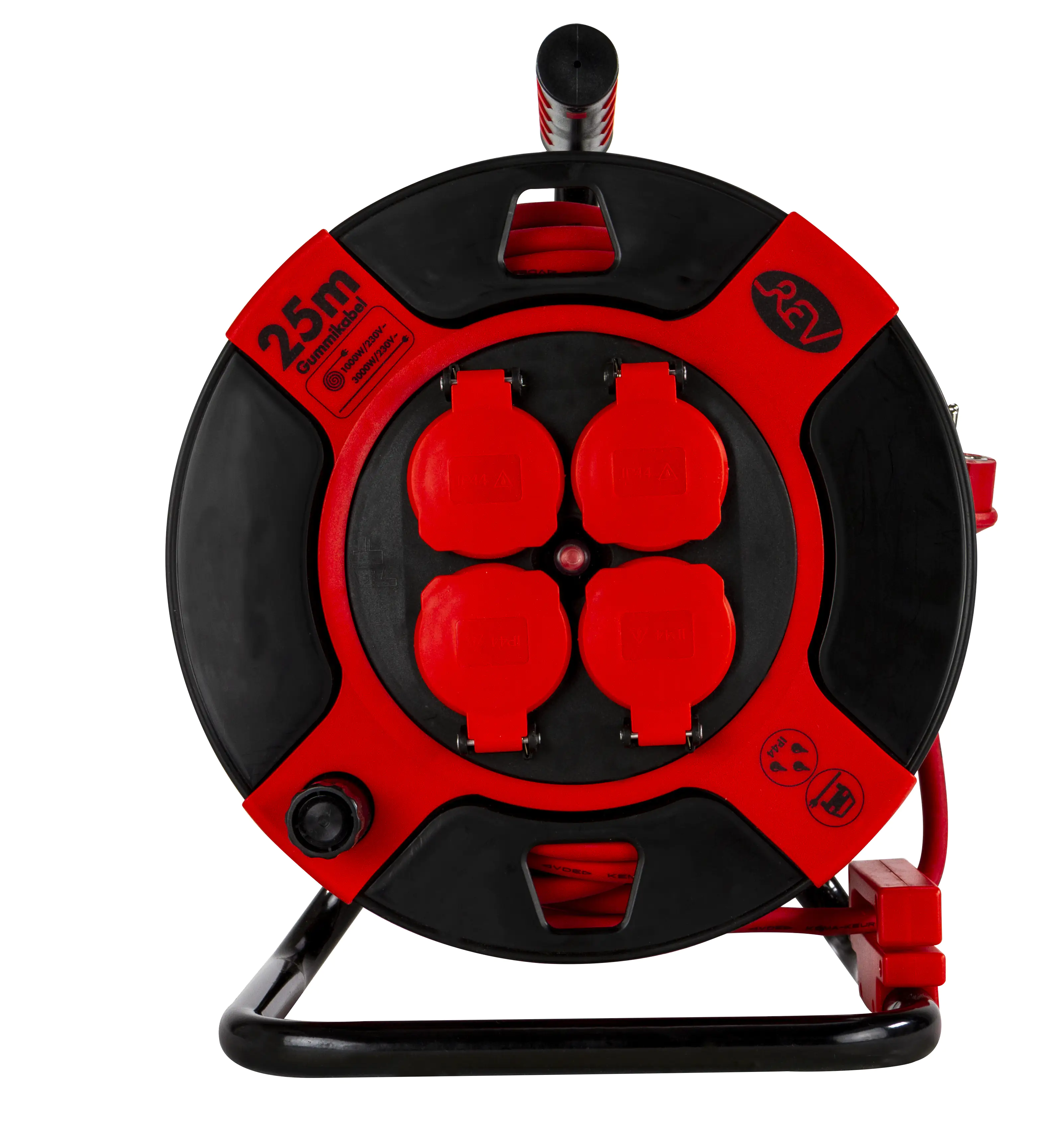 REV Kabeltrommel Außen 25m H07RN-F 3x1,5, rot, 4x Schutzkontaktstecker