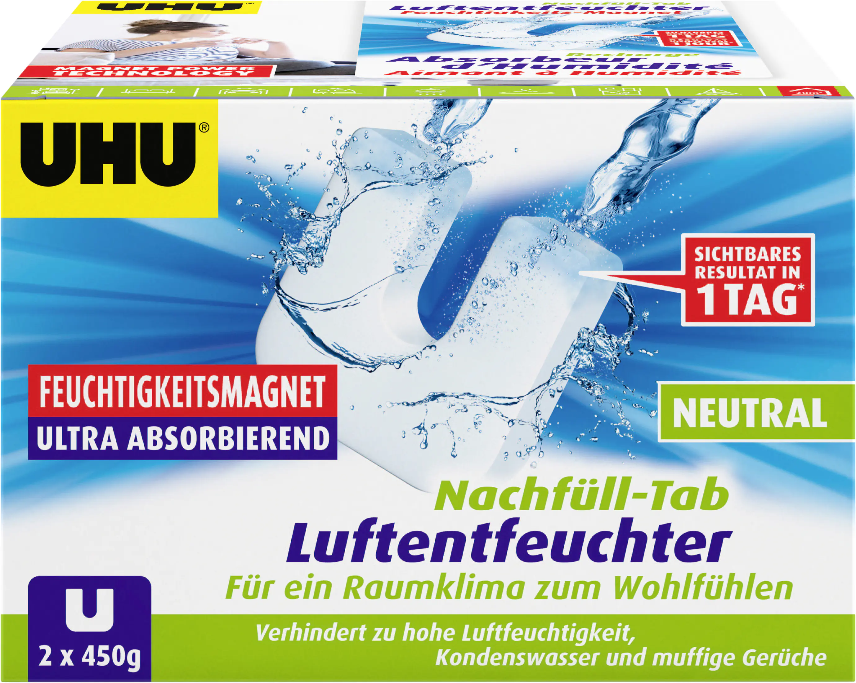 UHU Luftentfeuchter Feuchtigkeitsmagnet Neutral, 2 x 450 g