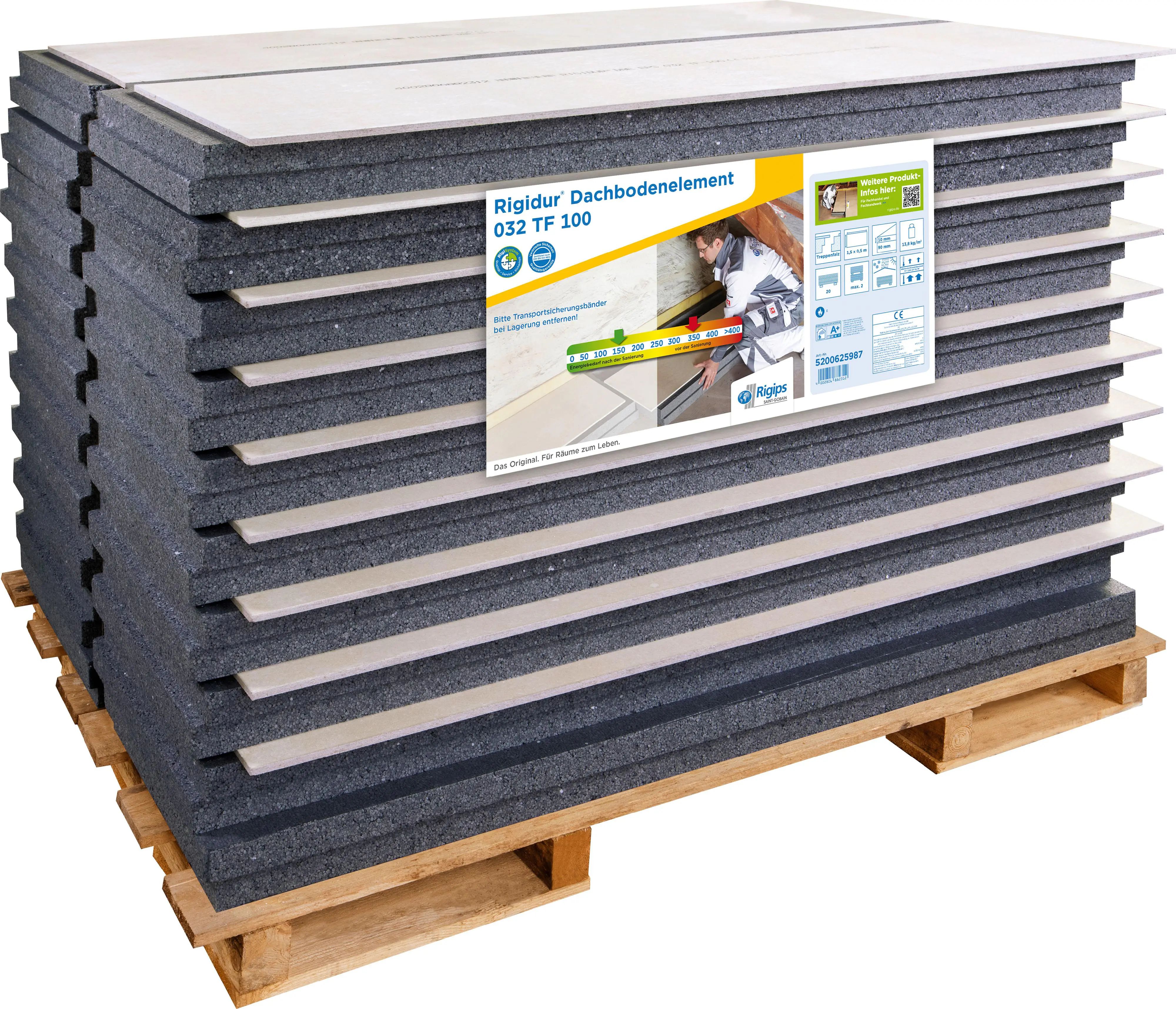 Rigidur Gipsfaser-Dachbodenelement 150 x 50 cm 100 mm mit EPS-Kaschierung