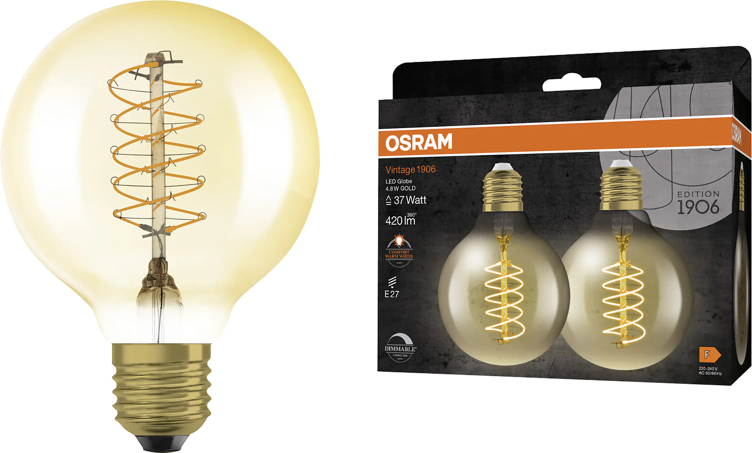 Osram LED Leuchtmittel E27 2er Pack Vintage 1906 Globe 4,8W Gold dimmbar warmweiß