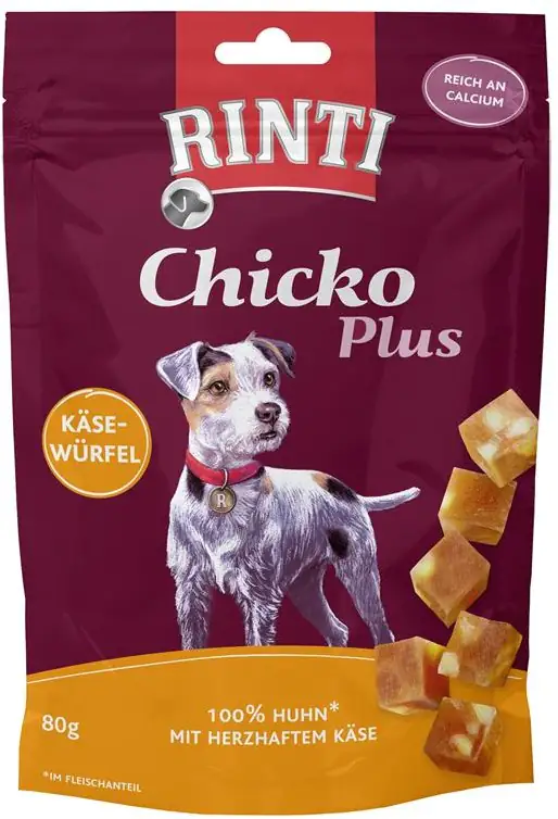 4000158914217 Rinti Chicko Plus Käsewürfel mit Huhn 80g