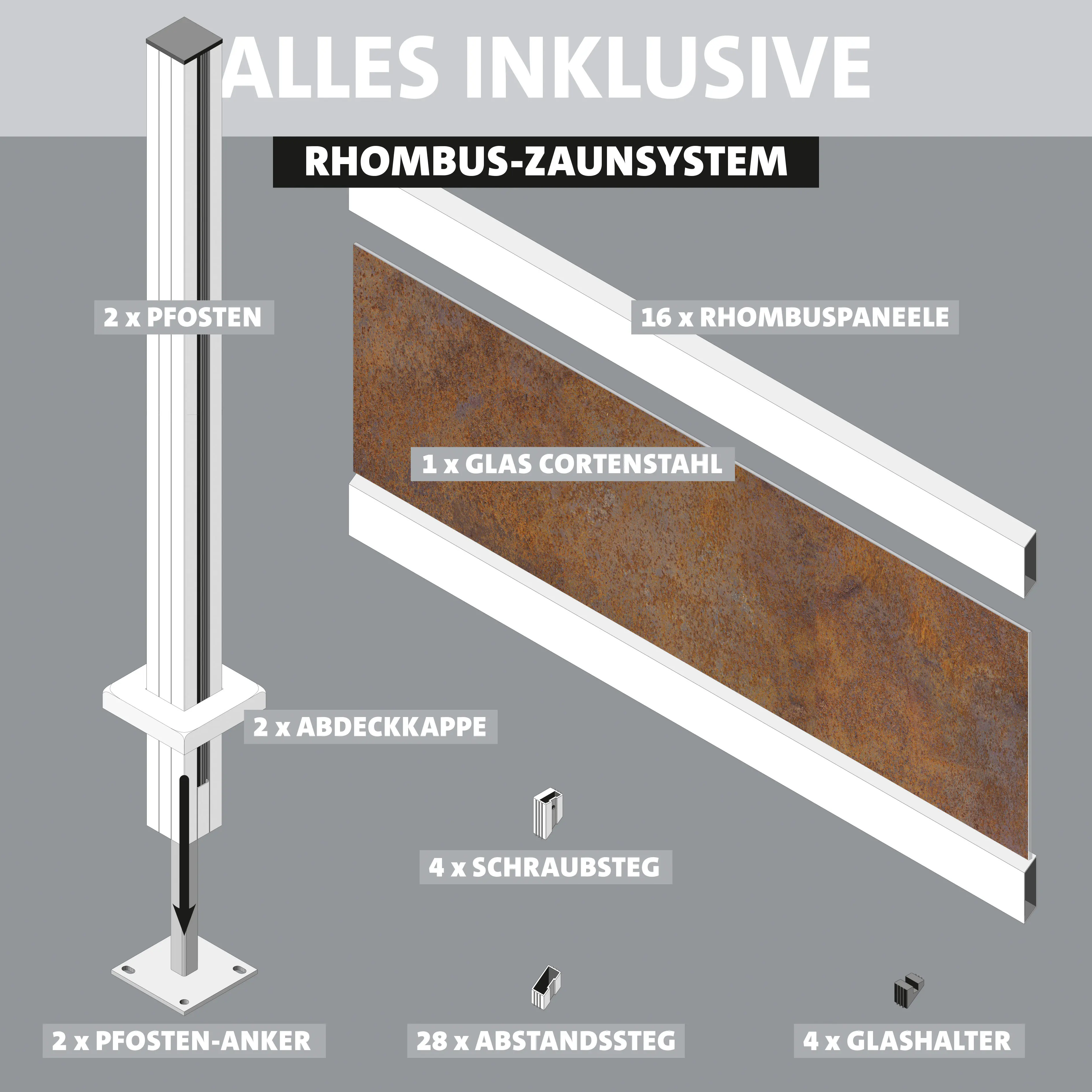 Ambiente Alu-Zaun Grundset Rhombus MINI 187 x 184,2 cm grau 