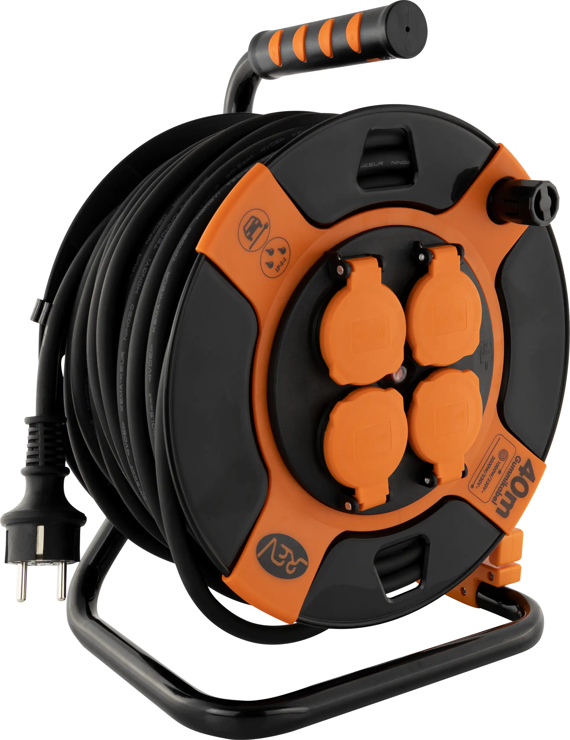 REV Kabeltrommel Außen 40 m H07RN-F3x1,5 mm², orange schwarz, 4x Schutzkontaktstecker REV Kabeltrommel Außen 40 m H07RN-F3x1,5 mm², orange schwarz, 4x Schutzkontaktstecker