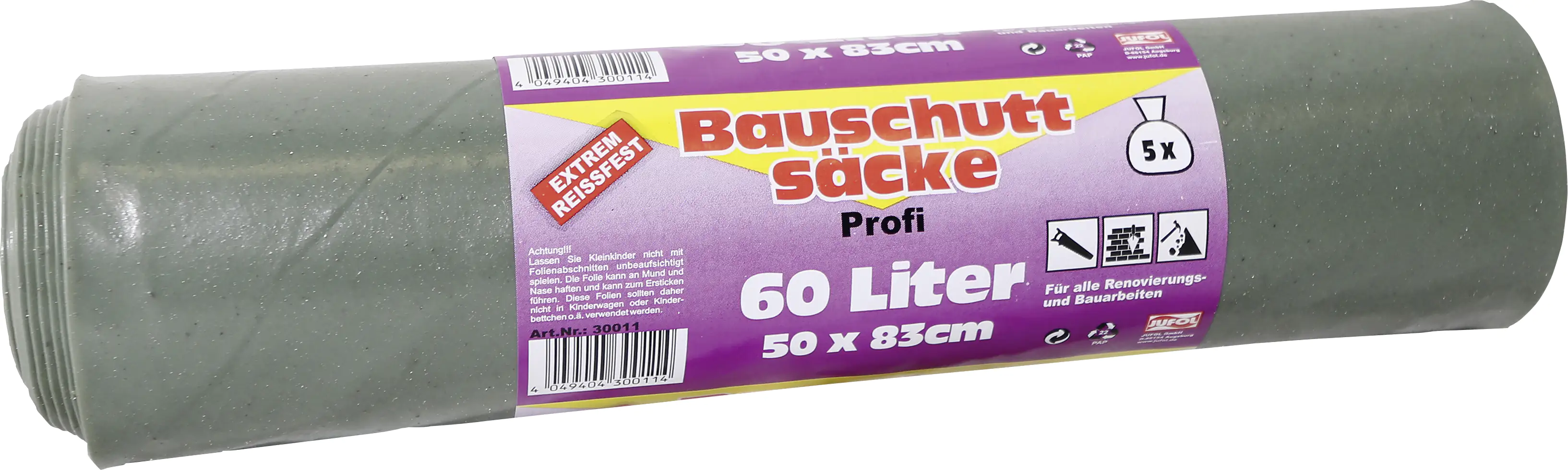 BLiX Bauschuttsack 60 Liter – 5er Pack, Reißfest, 50x83 Cm, Grau – Für Baustelle, Renovierung & Gartenabfälle