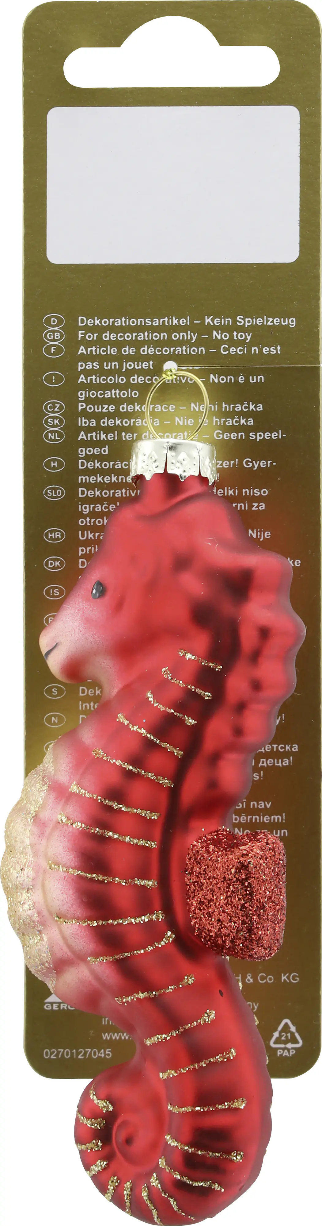 Weihnachtsanhänger Seepferd aus Glas 11 x 4,5 cm rot