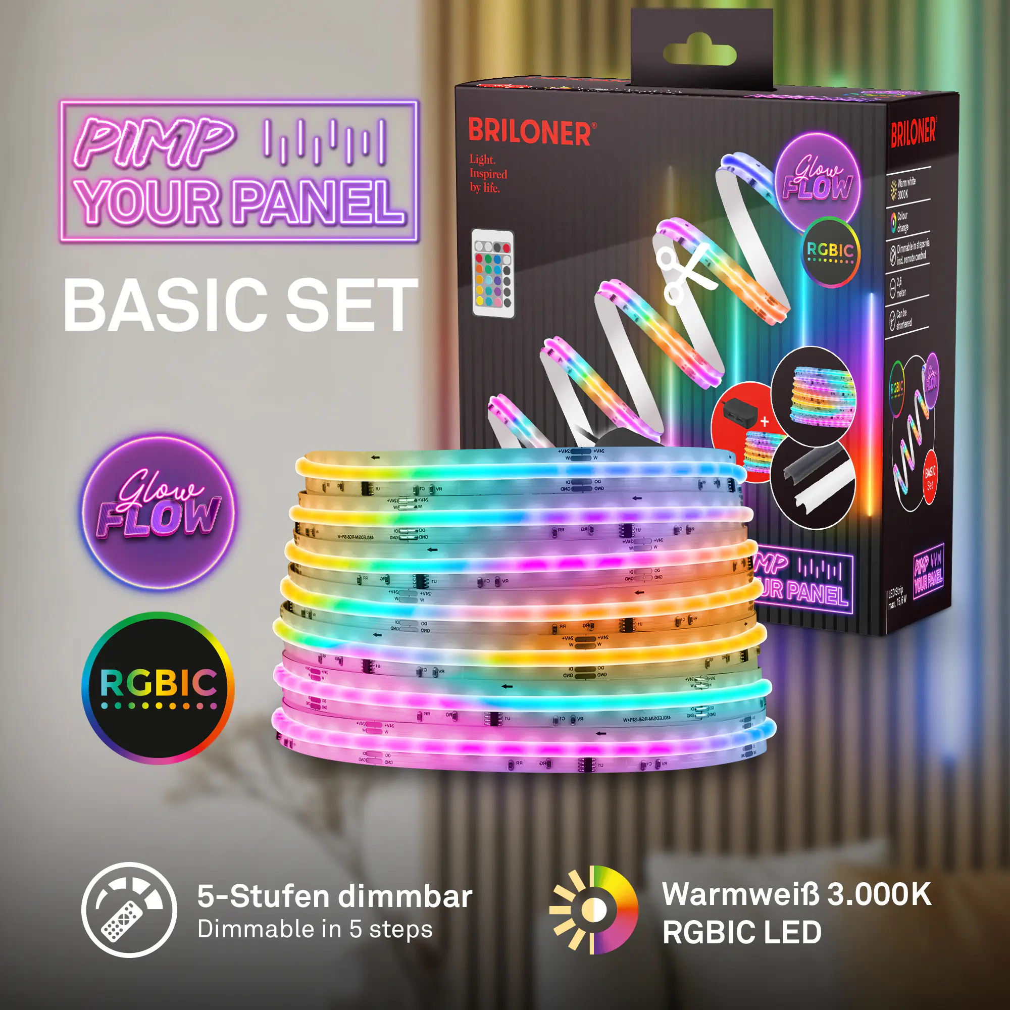 Briloner LED-Streifen Pimp your Panel Starterset COB RGBICW 2,6 m 15,6 W warmweiß RGB