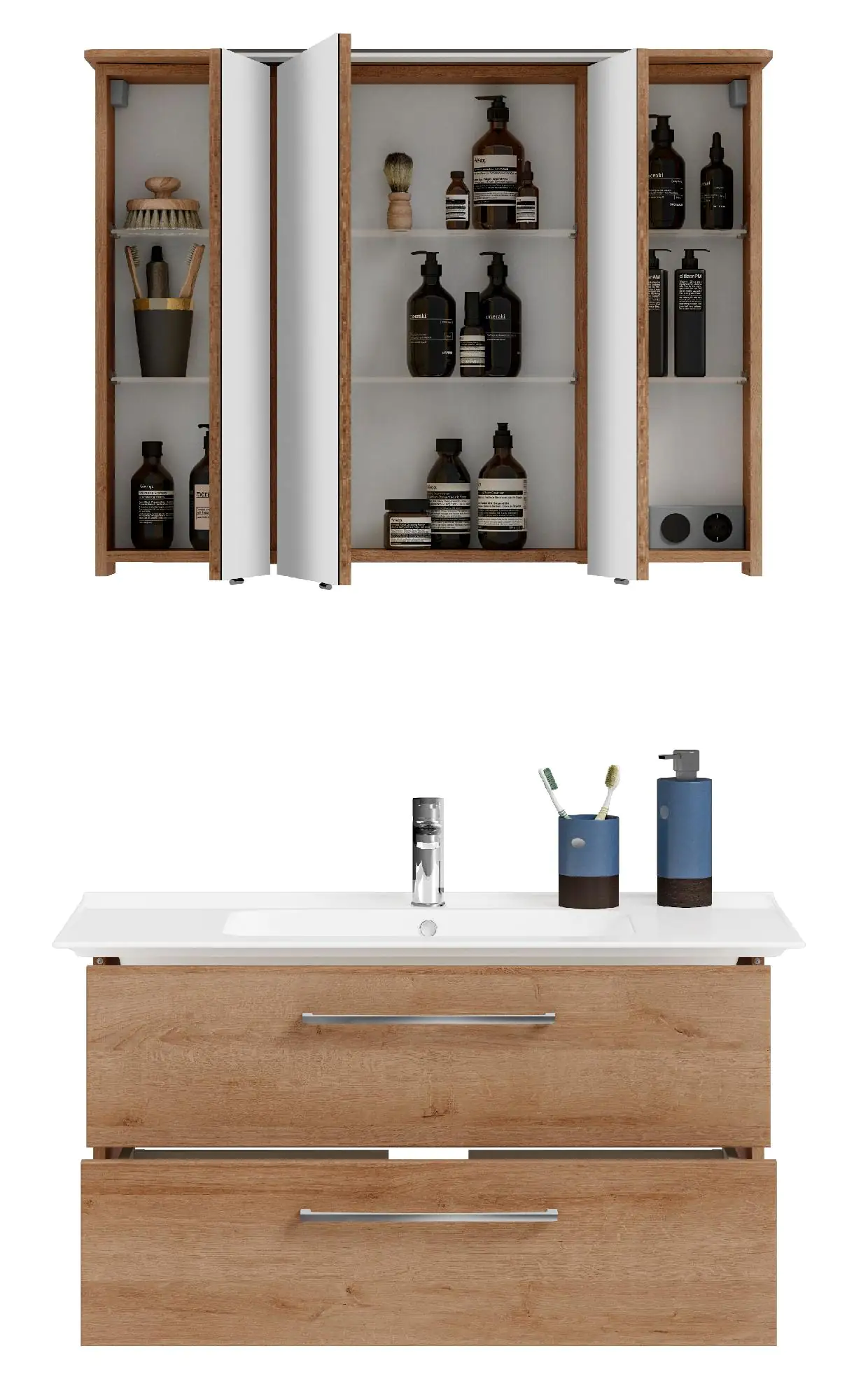 Pelipal Badmöbel-Set Riviera Eiche quer mit Keramik-Waschrisch + 3D-Spiegelschrank 100 cm Pelipal Badmöbel-Set Riviera Eiche quer mit Keramik-Waschrisch + 3D-Spiegelschrank 100 cm