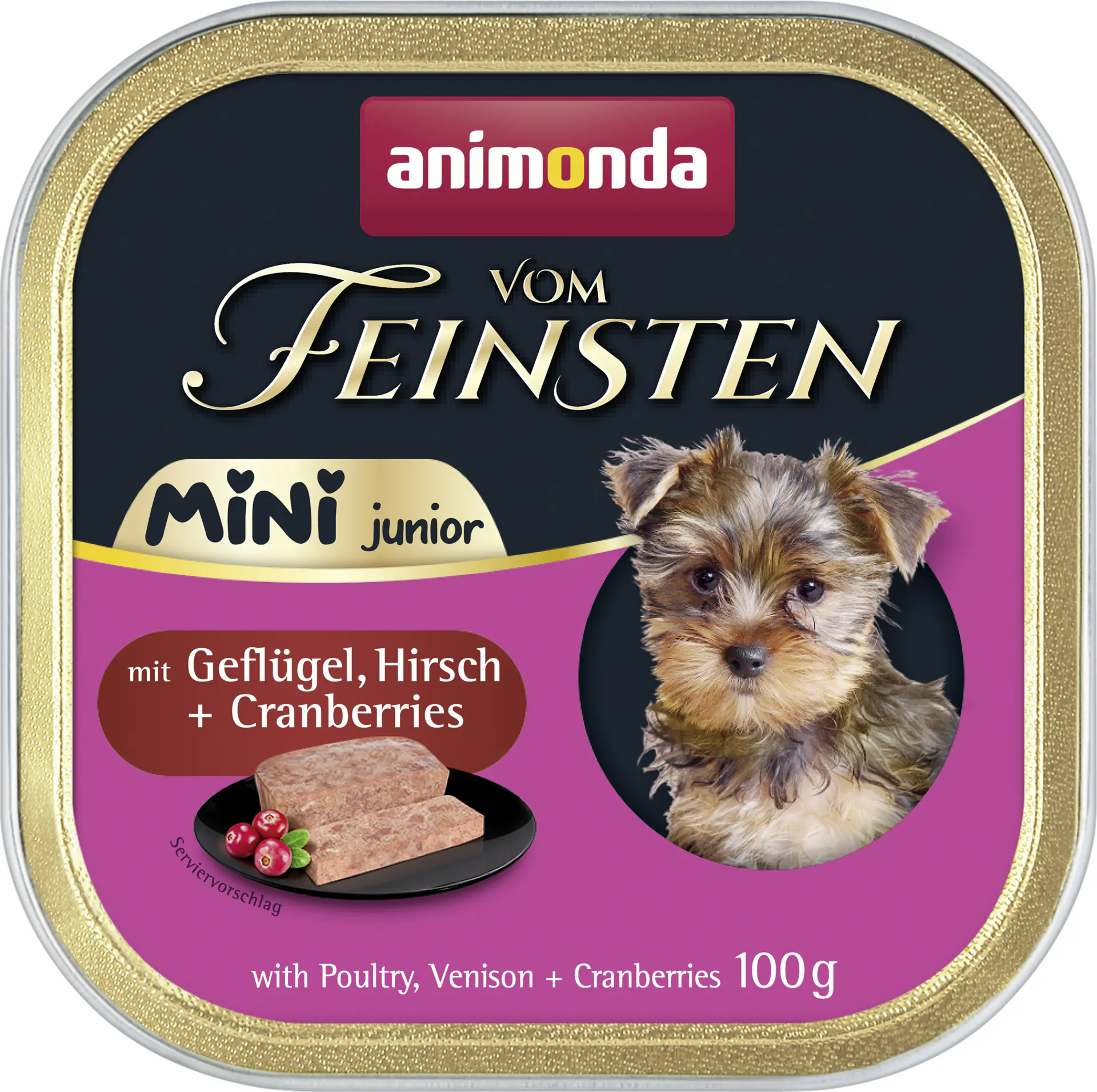 Animonda Vom Feinsten Mini Junior Hundenassfutter getreidefrei 100 g Geflügel, Hirsch & Cranberrys