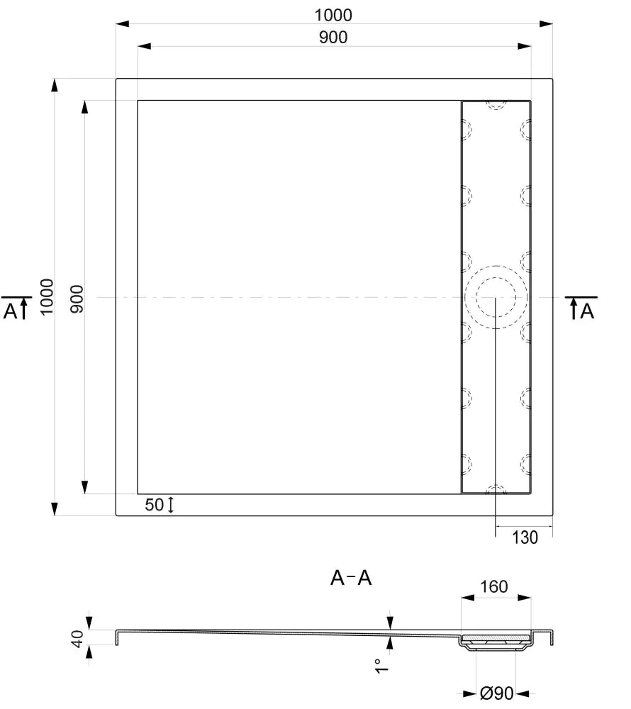 Ottofond Duschwanne mit Ablaufrinne 100 x 100 cm, weiß