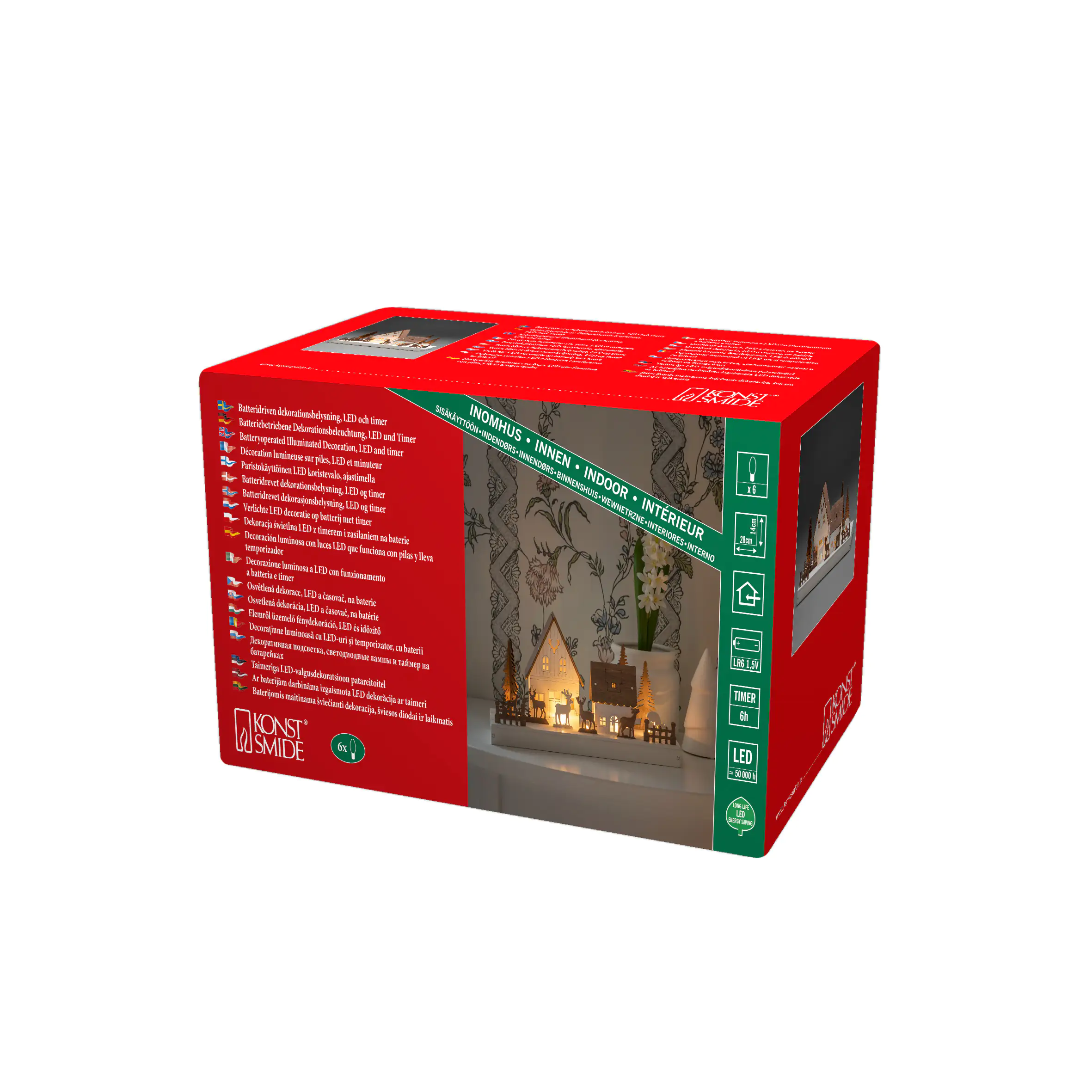 Konstsmide LED Holzsilhouette Waldhäuser mit Rentieren, Batterie