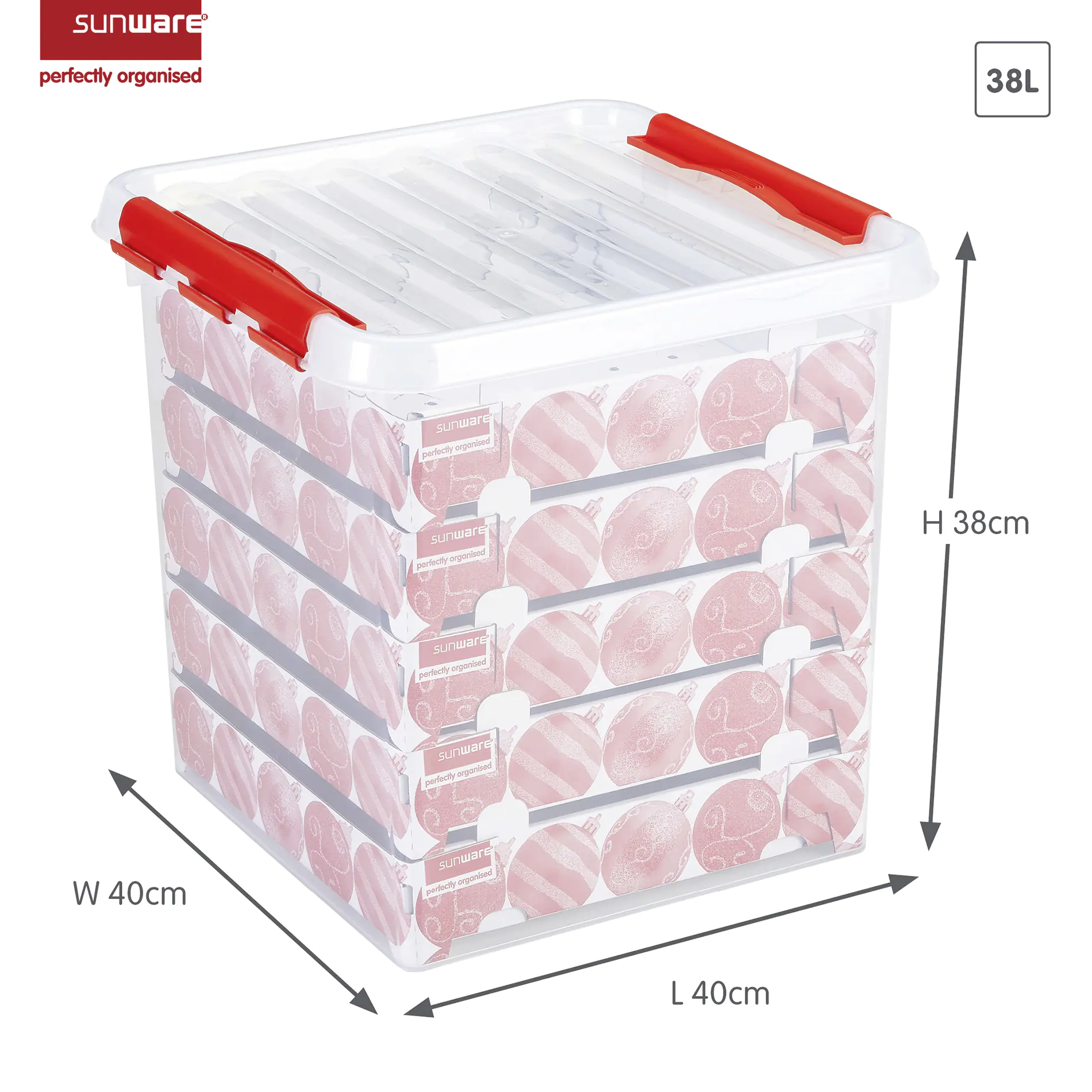 Q-line Weihnachtsbox 38L mit Einsatz für 125 Kugeln transparent rot Q-line Weihnachtsbox 38L mit Einsatz für 125 Kugeln transparent rot