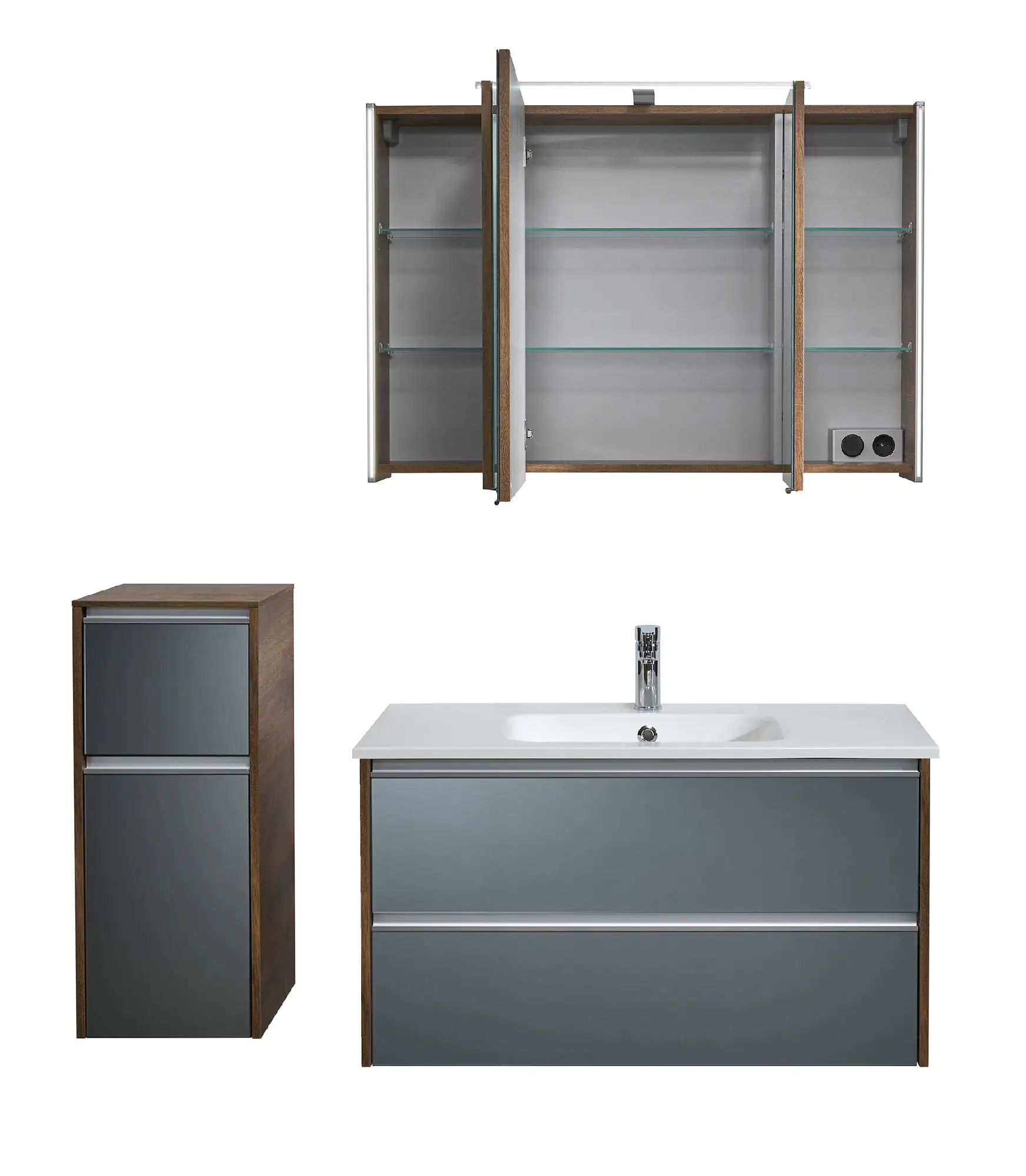 Pelipal Badmöbel-Set 6040 Stahlgrau/Eiche Ribbeck mit Mineralmarmor-Waschtisch+Unterschrank 137cm