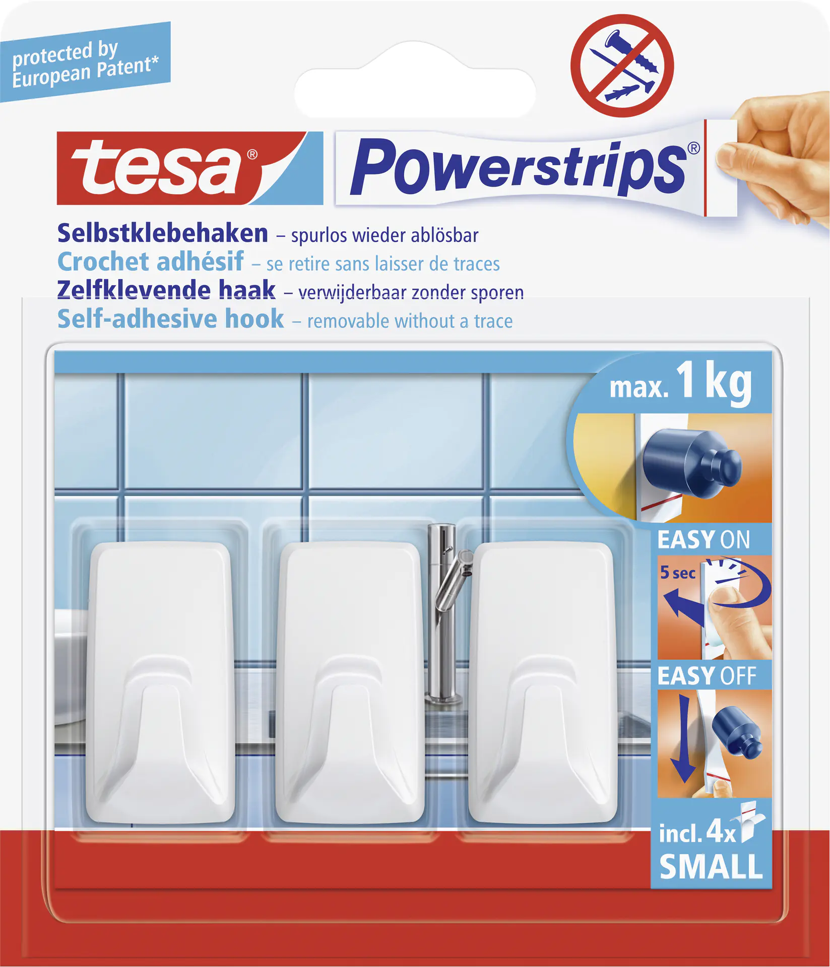 tesa Powerstrips Haken Small rechteckig, weiß, 3 Haken