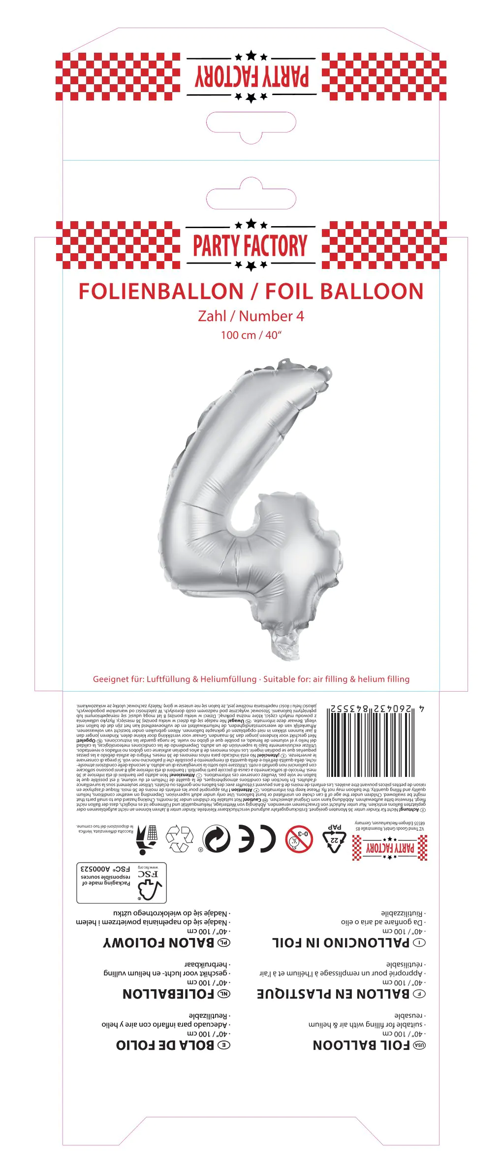 Folienballon Zahl 4 silber 100 cm